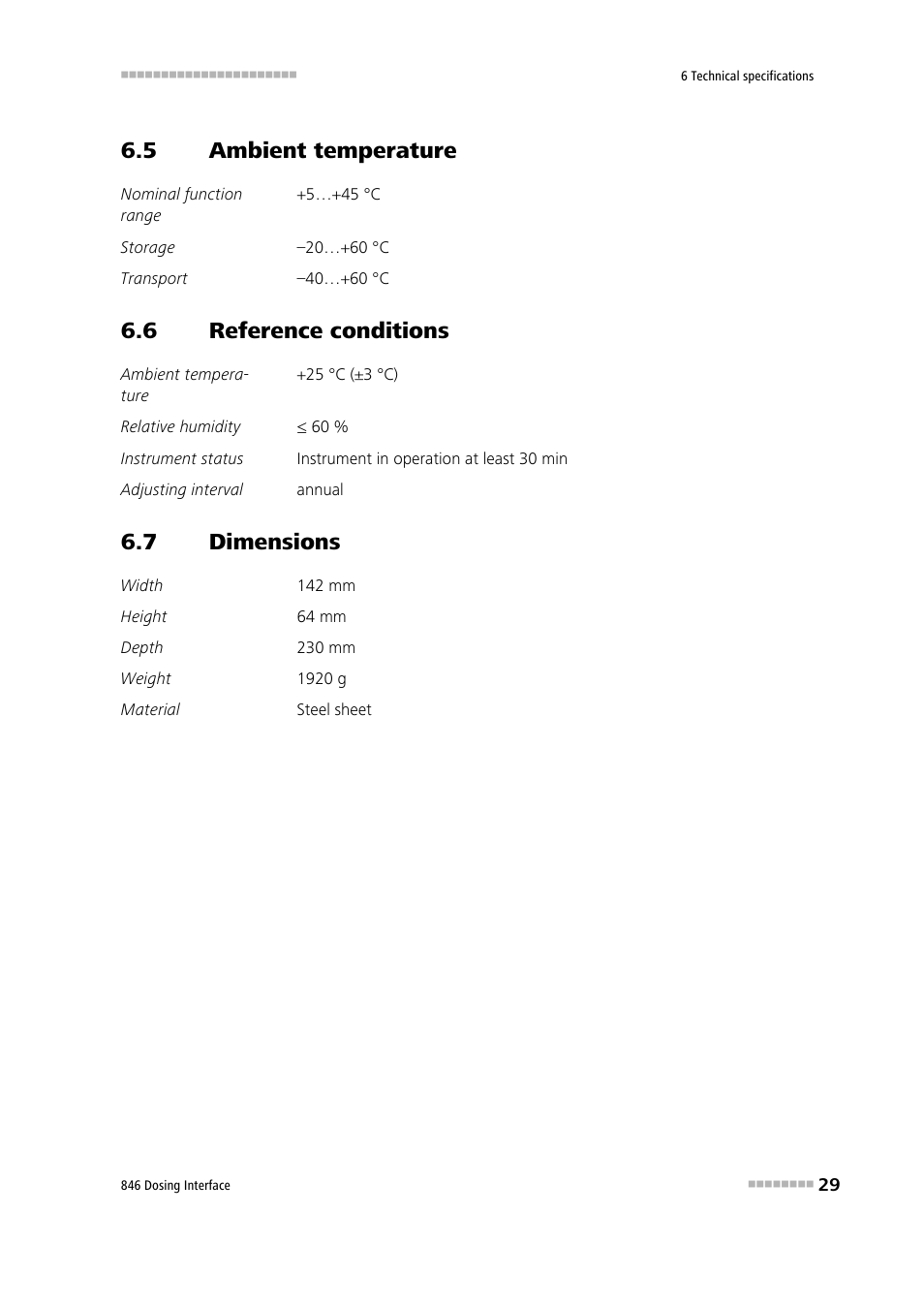 5 ambient temperature, 6 reference conditions, 7 dimensions | Ambient temperature, Reference conditions, Dimensions | Metrohm 807 Dosing Unit User Manual | Page 37 / 43