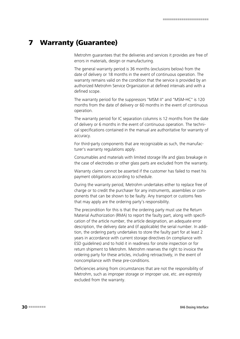 7 warranty (guarantee) | Metrohm 807 Dosing Unit User Manual | Page 38 / 43