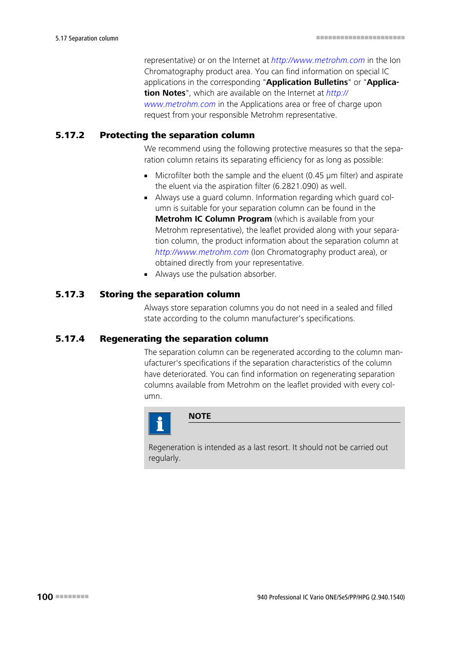 2 protecting the separation column, 3 storing the separation column, 4 regenerating the separation column | Protecting the separation column, Storing the separation column, Regenerating the separation column | Metrohm 940 Professional IC Vario ONE/SeS/PP/HPG User Manual | Page 110 / 128