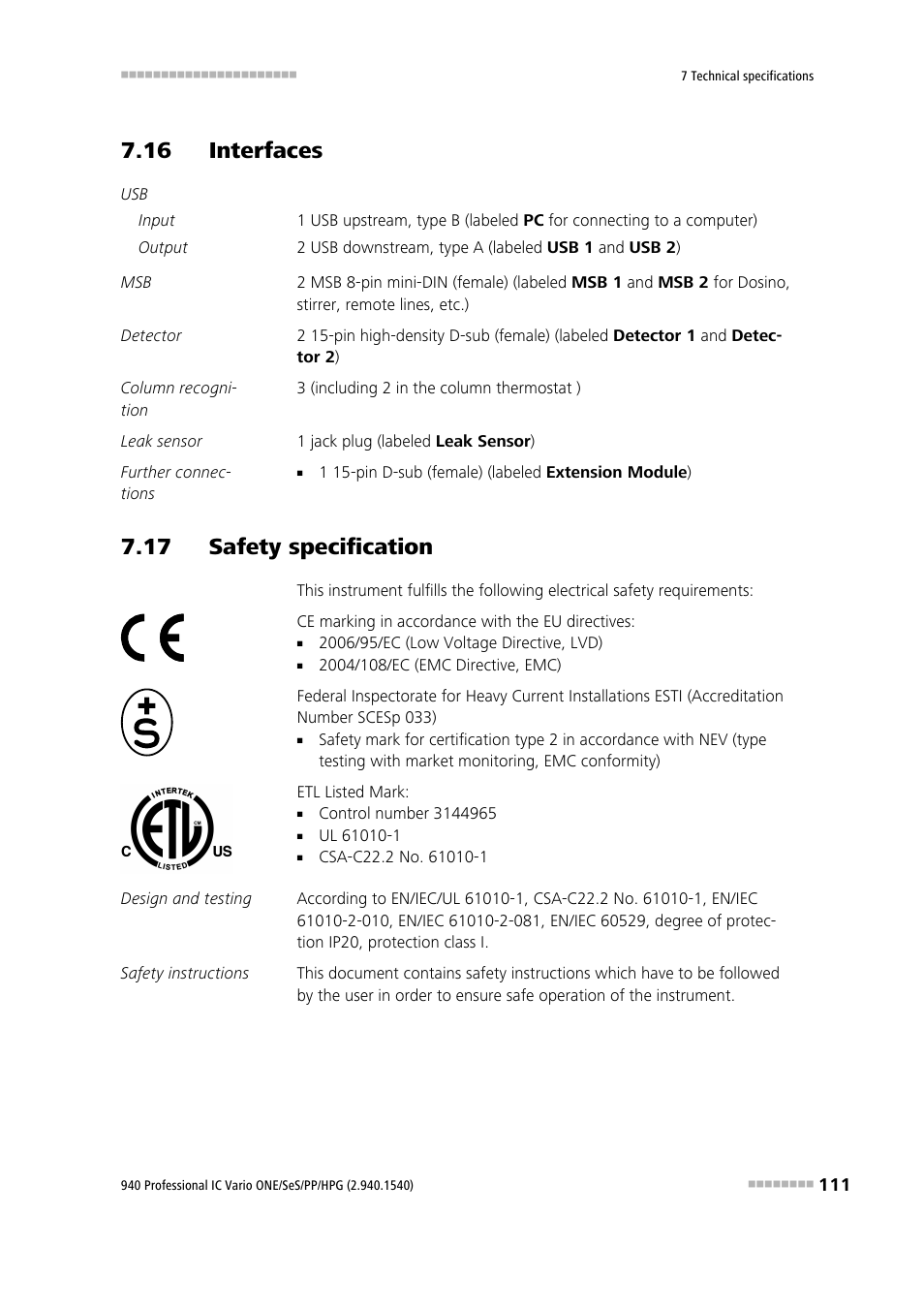 16 interfaces, 17 safety specification | Metrohm 940 Professional IC Vario ONE/SeS/PP/HPG User Manual | Page 121 / 128