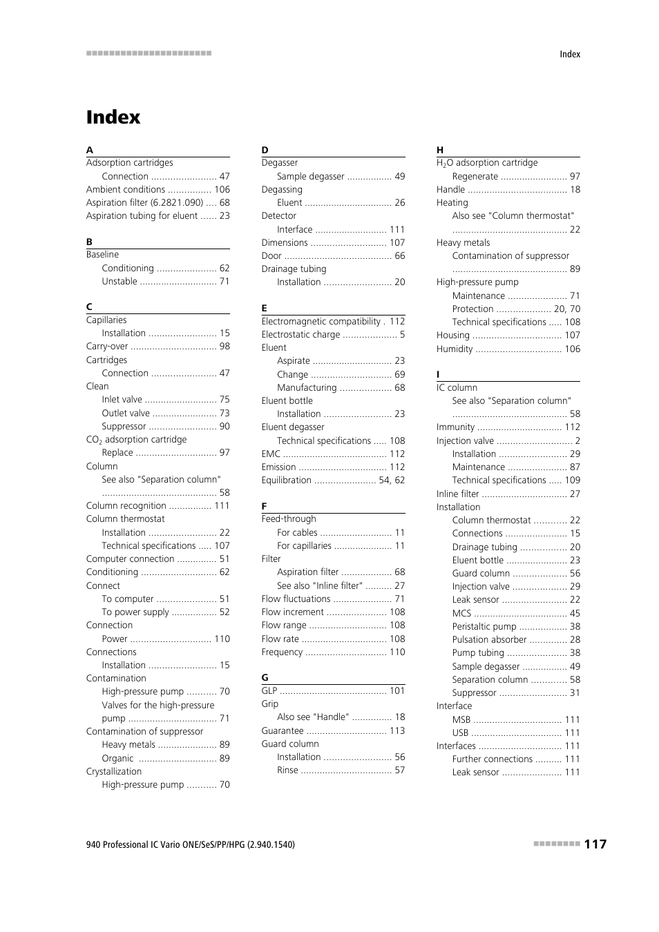 Index | Metrohm 940 Professional IC Vario ONE/SeS/PP/HPG User Manual | Page 127 / 128