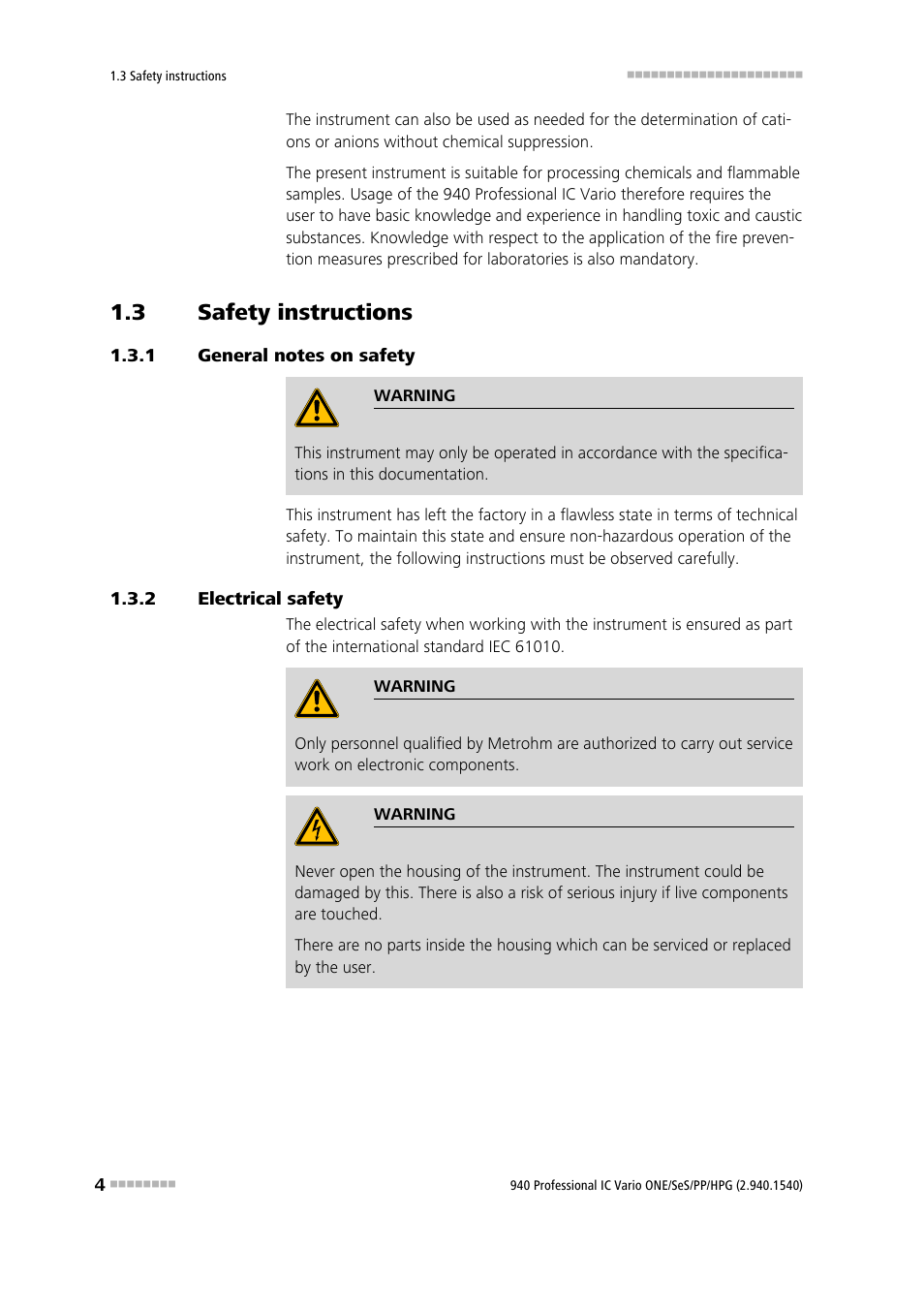 3 safety instructions, 1 general notes on safety, 2 electrical safety | Safety instructions, General notes on safety, Electrical safety | Metrohm 940 Professional IC Vario ONE/SeS/PP/HPG User Manual | Page 14 / 128