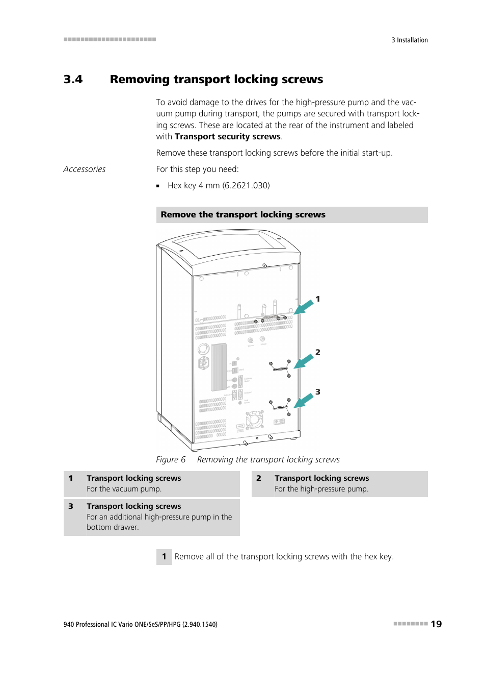 4 removing transport locking screws, Removing transport locking screws, Figure 6 | Removing the transport locking screws | Metrohm 940 Professional IC Vario ONE/SeS/PP/HPG User Manual | Page 29 / 128