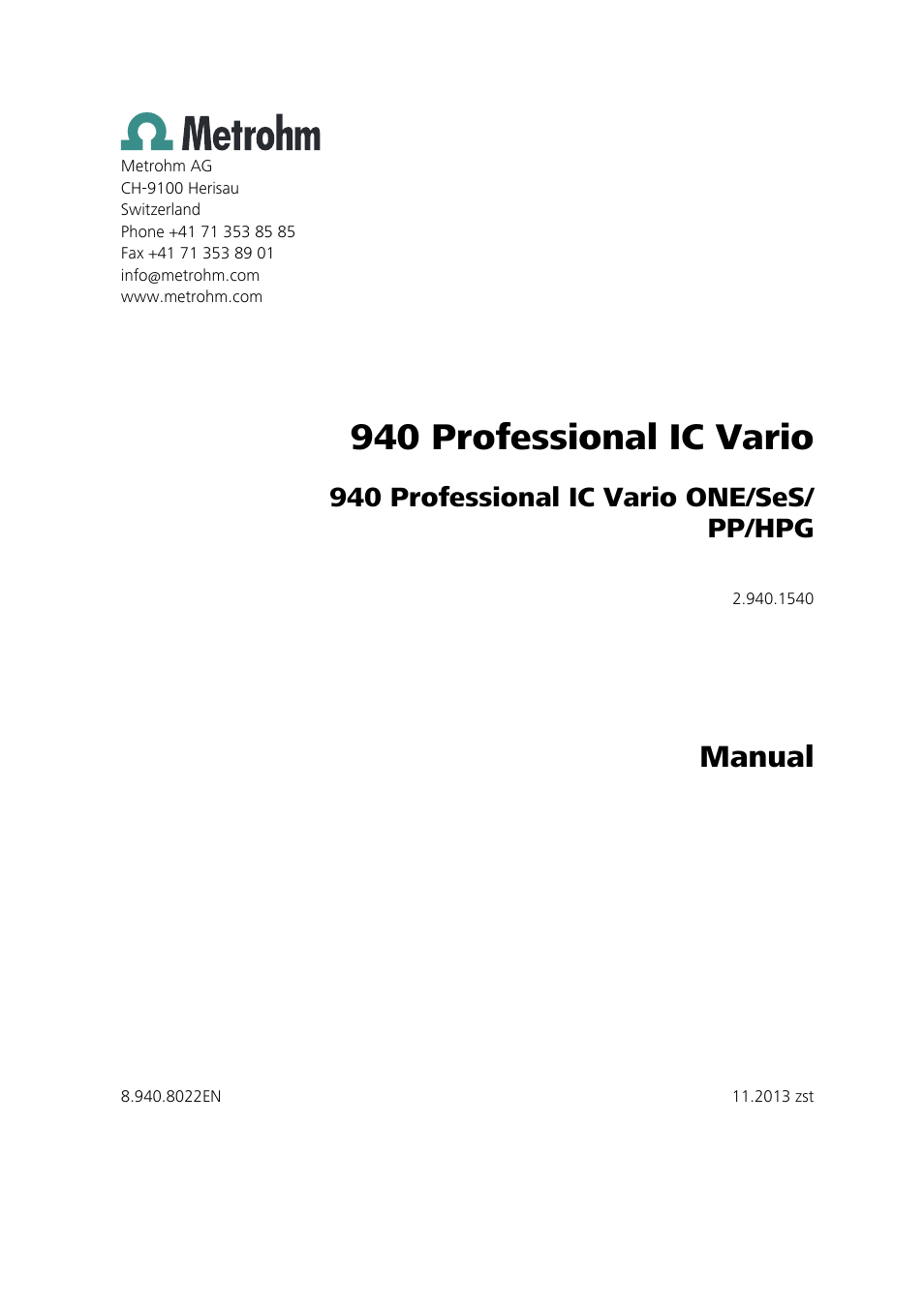 940 professional ic vario, Manual, 940 professional ic vario one/ses/ pp/hpg | Metrohm 940 Professional IC Vario ONE/SeS/PP/HPG User Manual | Page 3 / 128