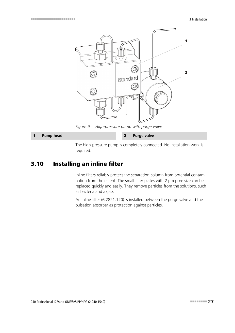 10 installing an inline filter, Figure 9, High-pressure pump with purge valve | Metrohm 940 Professional IC Vario ONE/SeS/PP/HPG User Manual | Page 37 / 128