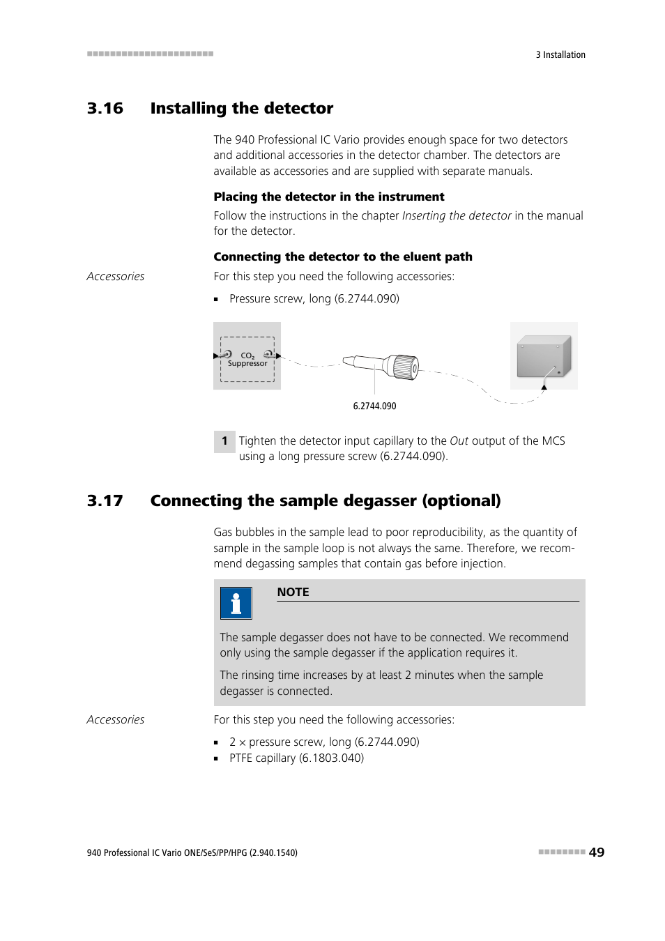 16 installing the detector, 17 connecting the sample degasser (optional) | Metrohm 940 Professional IC Vario ONE/SeS/PP/HPG User Manual | Page 59 / 128