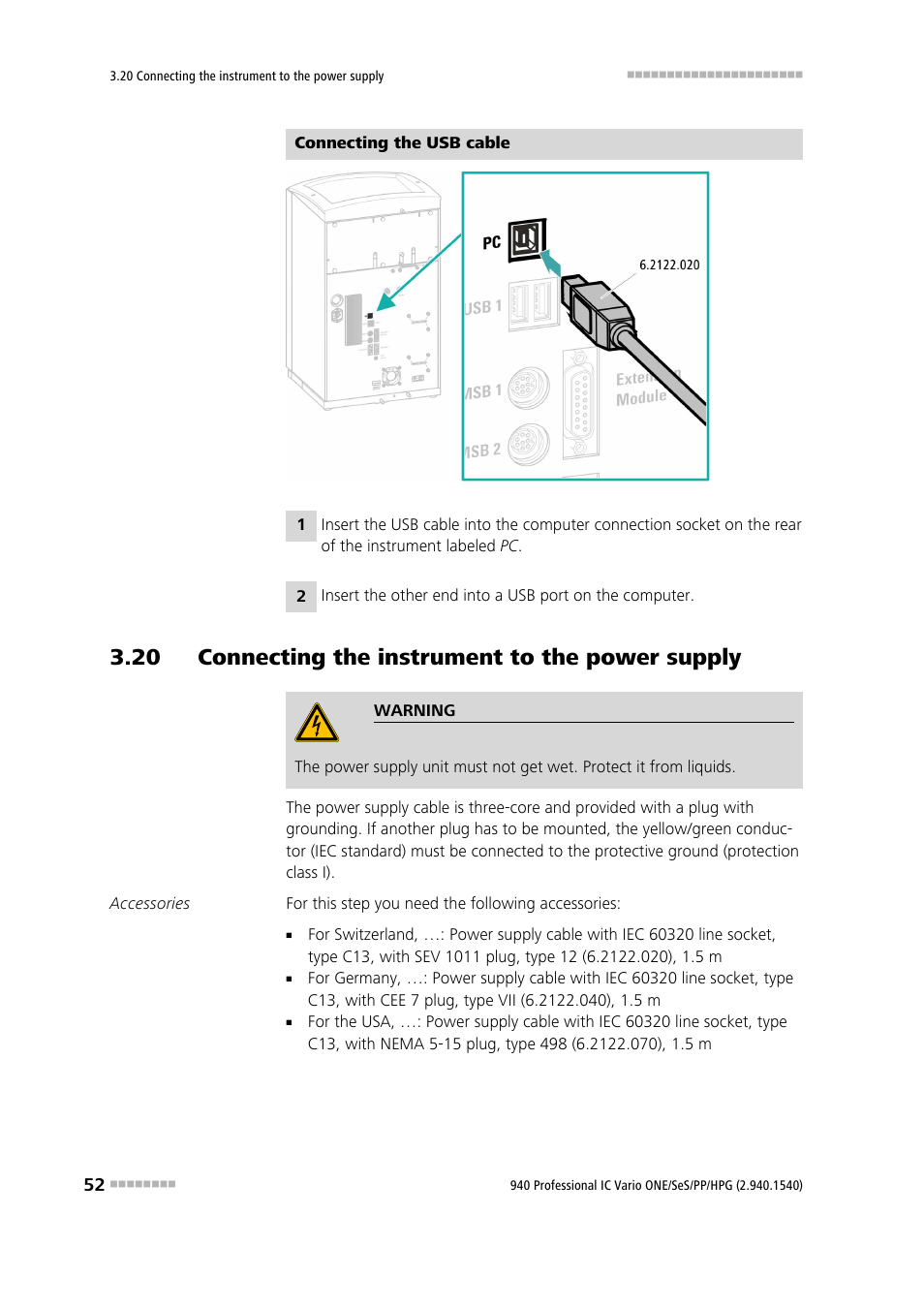 20 connecting the instrument to the power supply | Metrohm 940 Professional IC Vario ONE/SeS/PP/HPG User Manual | Page 62 / 128