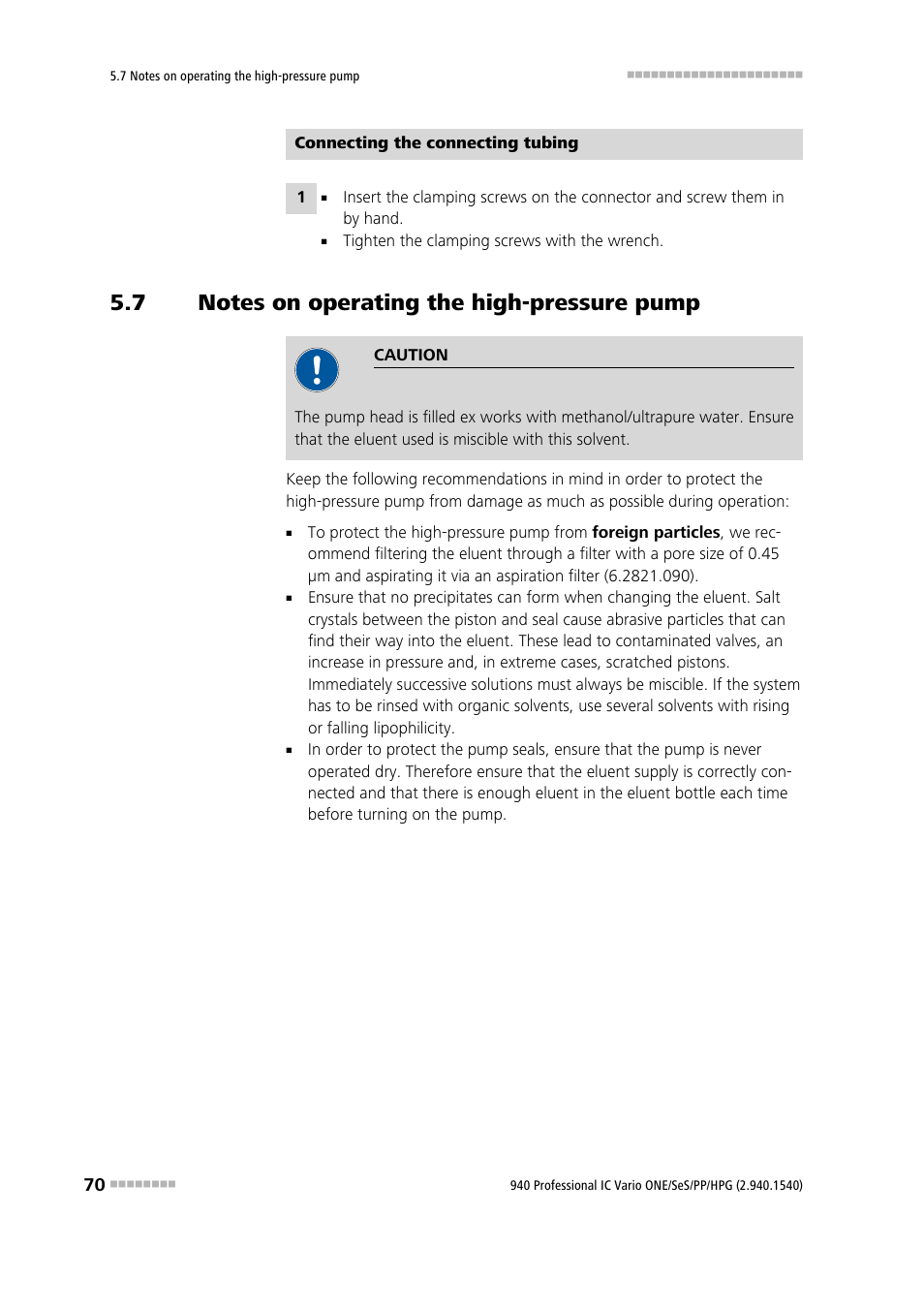 7 notes on operating the high-pressure pump, Notes on operating the high-pressure pump | Metrohm 940 Professional IC Vario ONE/SeS/PP/HPG User Manual | Page 80 / 128