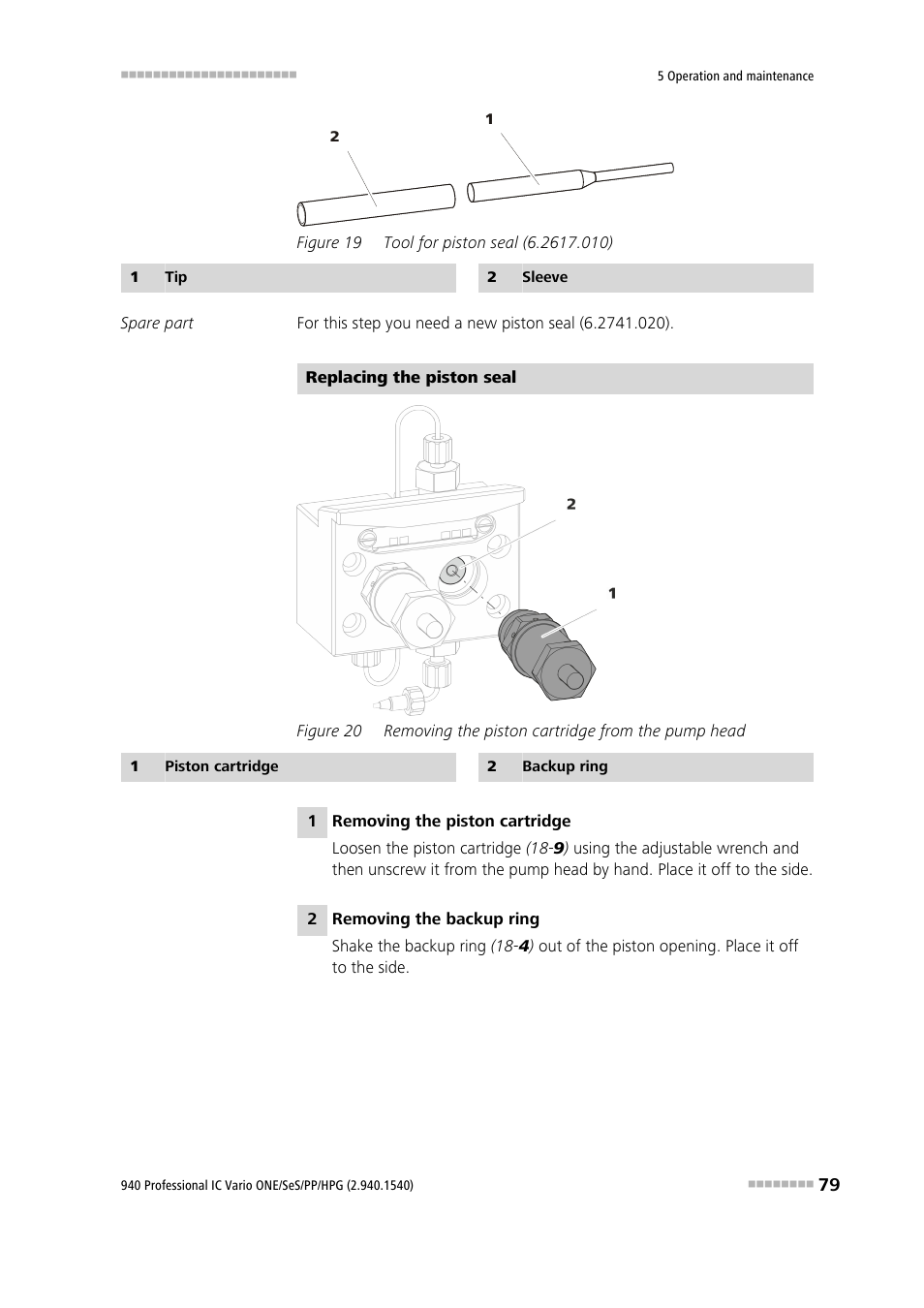 Figure 19, Tool for piston seal (6.2617.010), Figure 20 | Removing the piston cartridge from the pump head | Metrohm 940 Professional IC Vario ONE/SeS/PP/HPG User Manual | Page 89 / 128