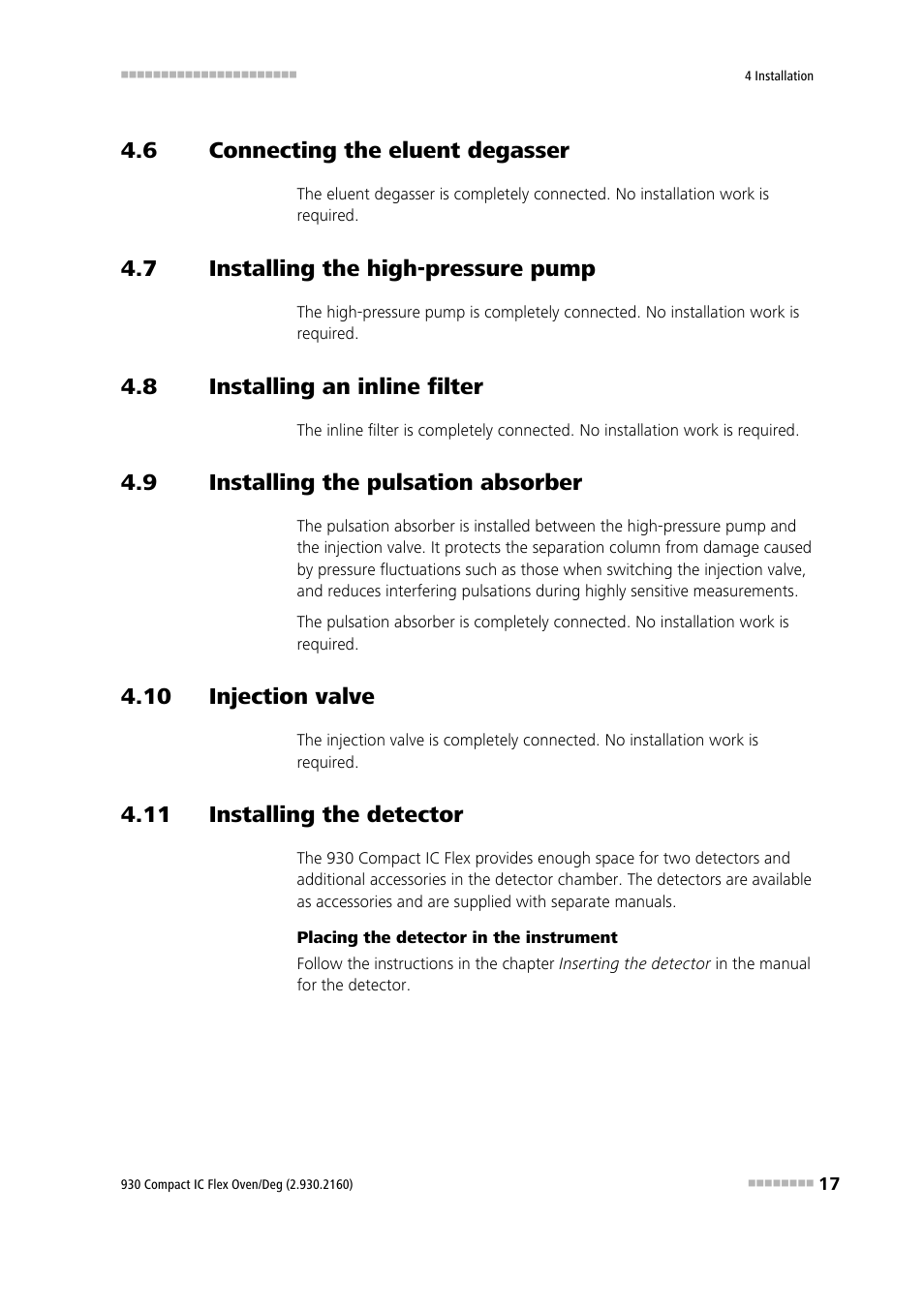 6 connecting the eluent degasser, 7 installing the high-pressure pump, 8 installing an inline filter | 9 installing the pulsation absorber, 10 injection valve, 11 installing the detector, Connecting the eluent degasser, Installing the high-pressure pump, Installing an inline filter, Installing the pulsation absorber | Metrohm 930 Compact IC Flex Oven/Deg User Manual | Page 25 / 42