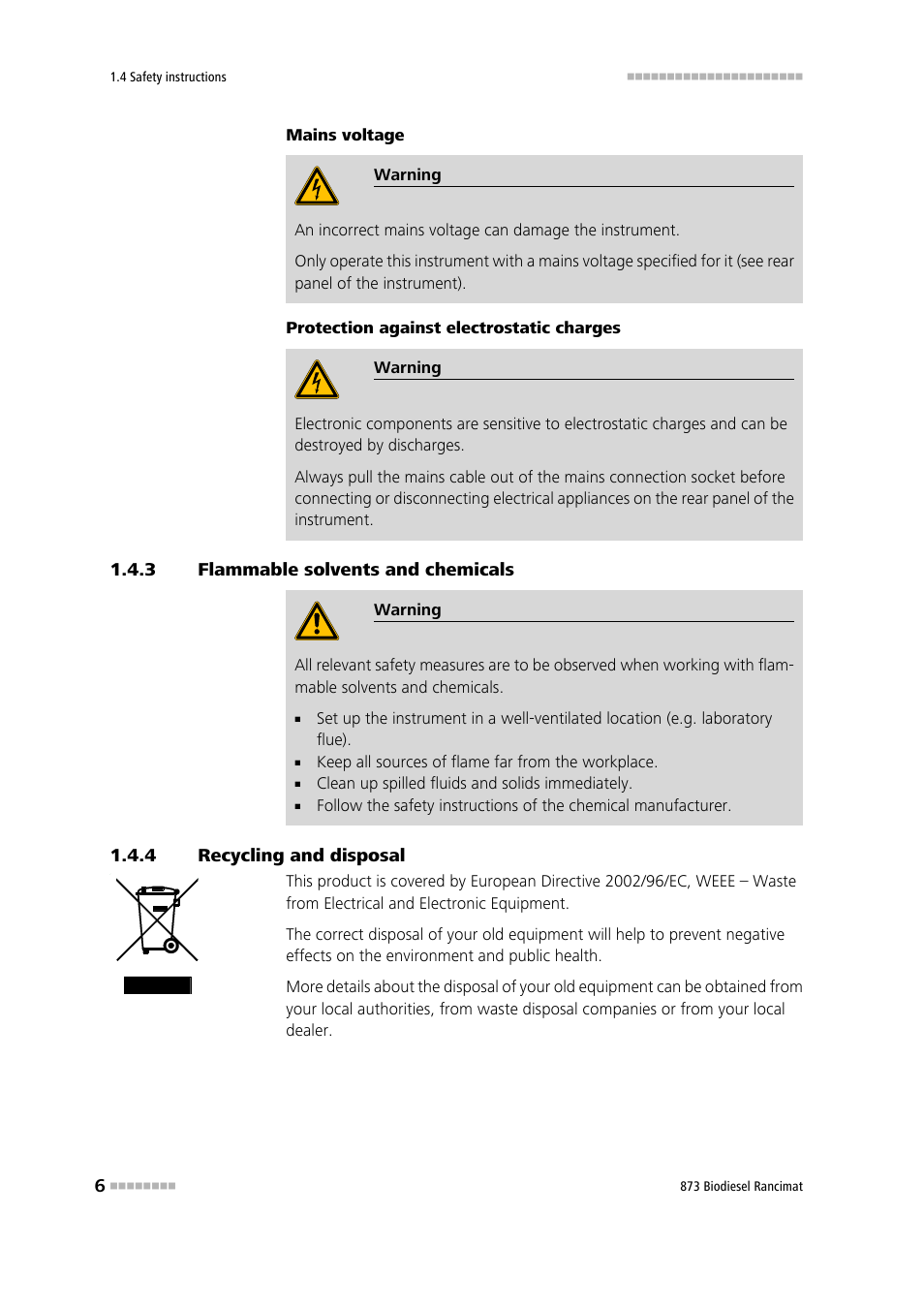 3 flammable solvents and chemicals, 4 recycling and disposal, Flammable solvents and chemicals | Recycling and disposal | Metrohm 873 Biodiesel Rancimat Manual User Manual | Page 14 / 192