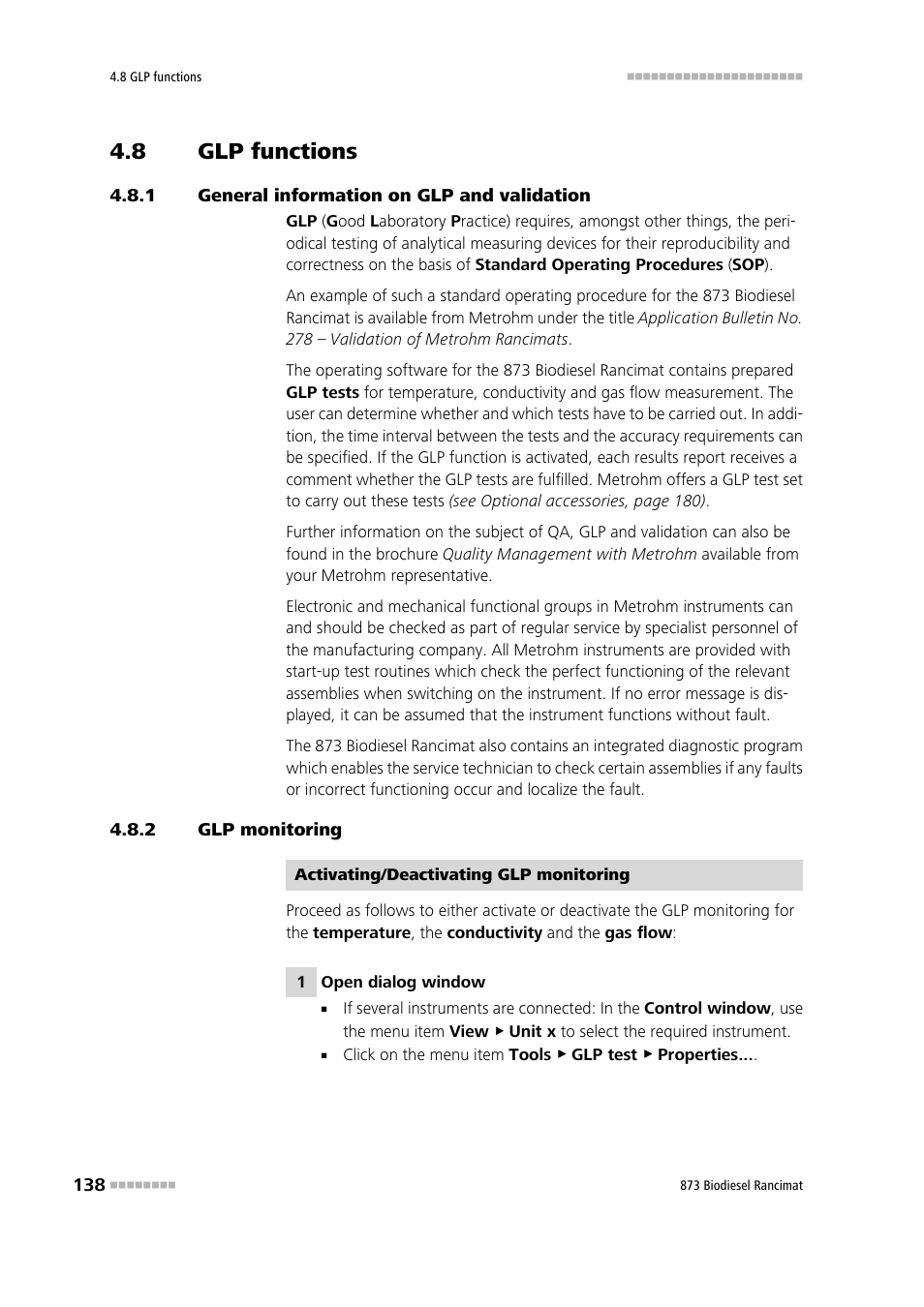 8 glp functions, 1 general information on glp and validation, 2 glp monitoring | Glp functions, General information on glp and validation, Glp monitoring | Metrohm 873 Biodiesel Rancimat Manual User Manual | Page 146 / 192