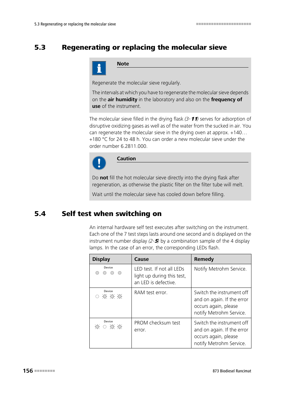 3 regenerating or replacing the molecular sieve, 4 self test when switching on, Regenerating or replacing the molecular sieve | Self test when switching on | Metrohm 873 Biodiesel Rancimat Manual User Manual | Page 164 / 192