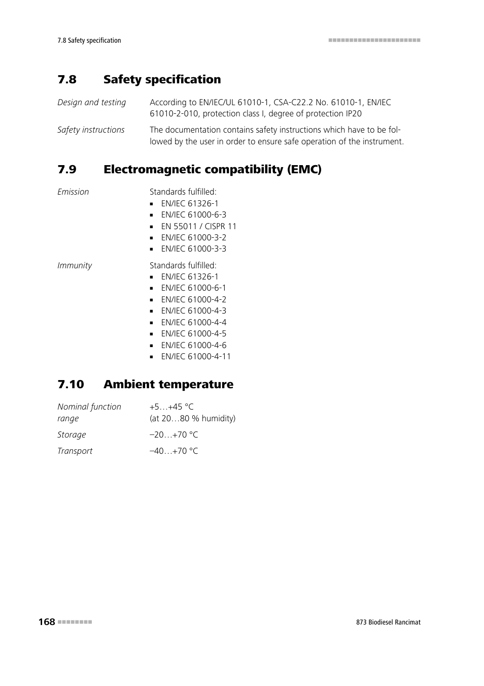 8 safety specification, 9 electromagnetic compatibility (emc), 10 ambient temperature | Safety specification, Electromagnetic compatibility (emc) | Metrohm 873 Biodiesel Rancimat Manual User Manual | Page 176 / 192