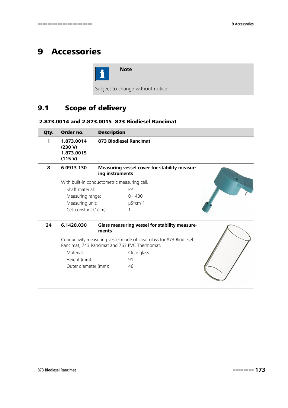 9 accessories, 1 scope of delivery, Scope of delivery | Metrohm 873 Biodiesel Rancimat Manual User Manual | Page 181 / 192