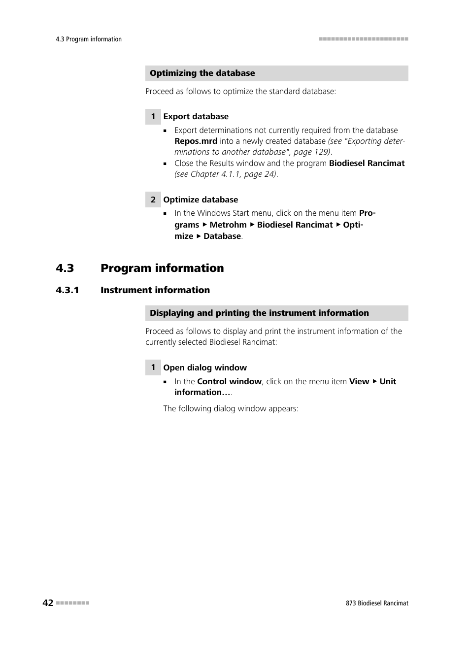 3 program information, 1 instrument information, Program information | Instrument information | Metrohm 873 Biodiesel Rancimat Manual User Manual | Page 50 / 192