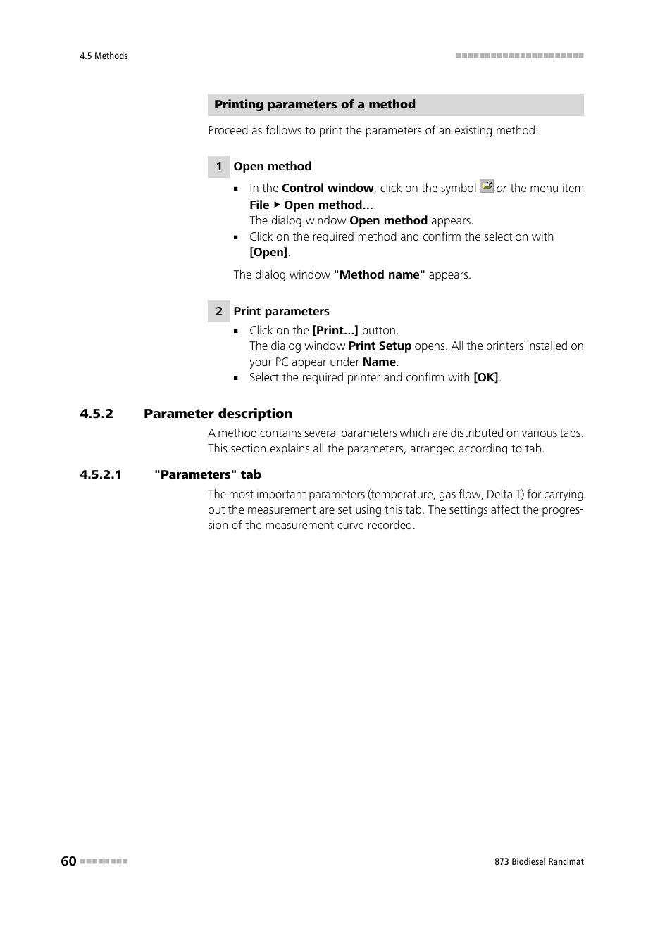2 parameter description, 1 "parameters" tab, Parameter description | Metrohm 873 Biodiesel Rancimat Manual User Manual | Page 68 / 192