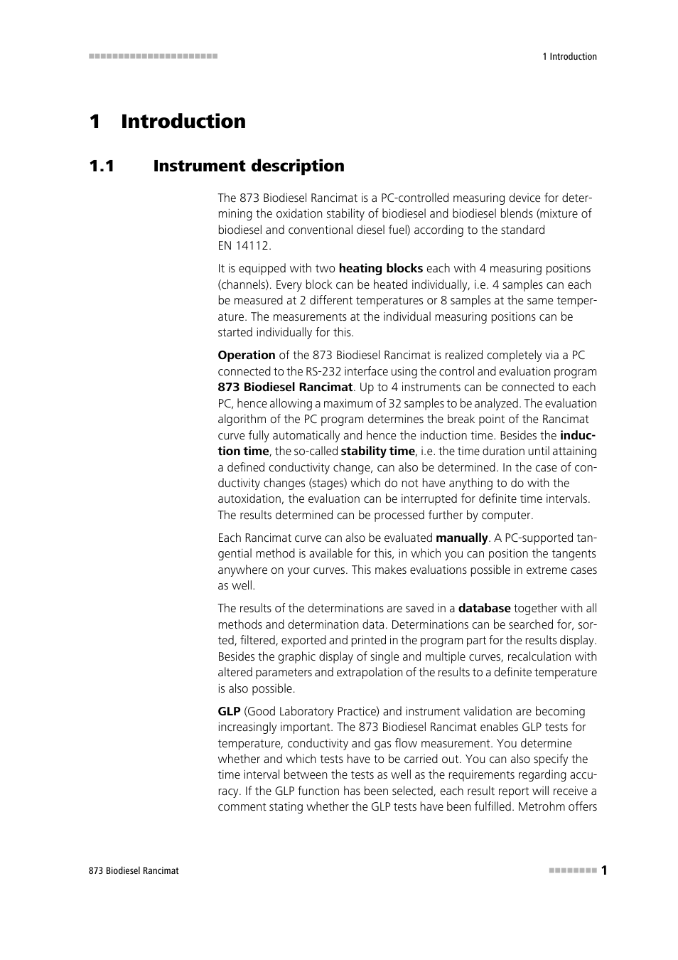 1 introduction, 1 instrument description, Instrument description | Metrohm 873 Biodiesel Rancimat Manual User Manual | Page 9 / 192