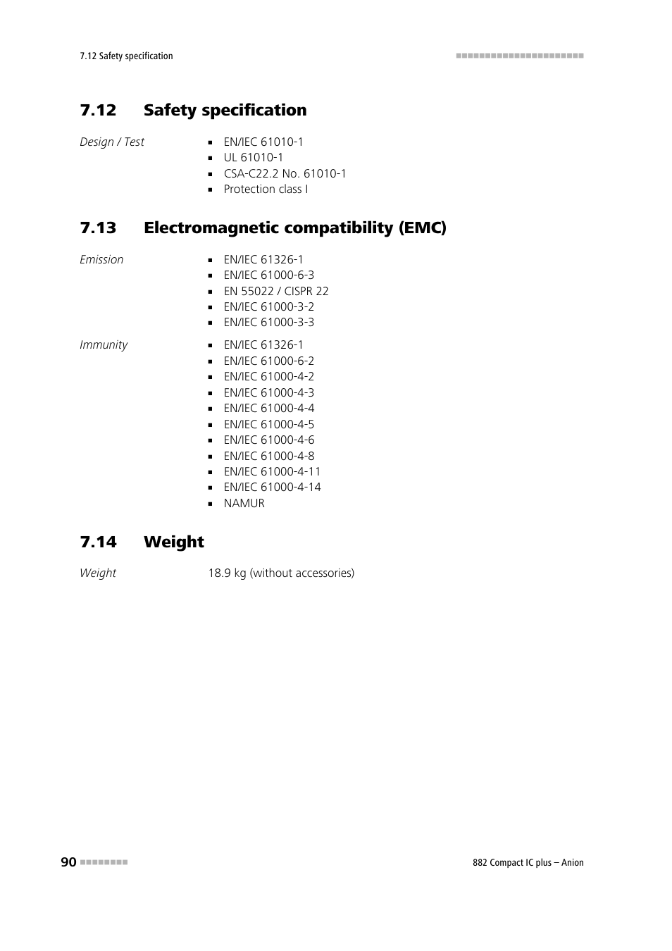 12 safety specification, 13 electromagnetic compatibility (emc), 14 weight | Metrohm 882 Compact IC plus  – Anion User Manual | Page 100 / 118