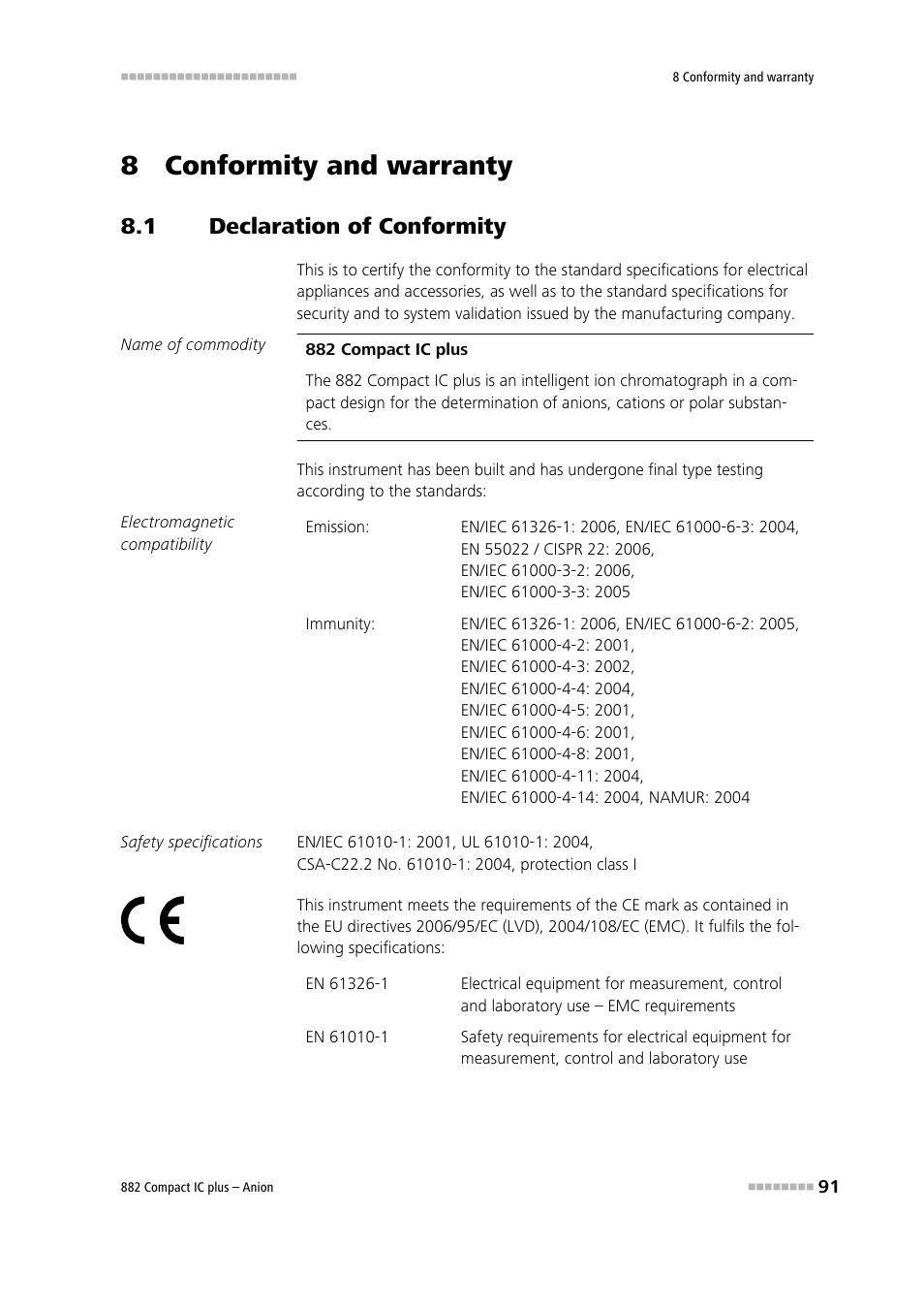 8 conformity and warranty, 1 declaration of conformity, Declaration of conformity | Metrohm 882 Compact IC plus  – Anion User Manual | Page 101 / 118