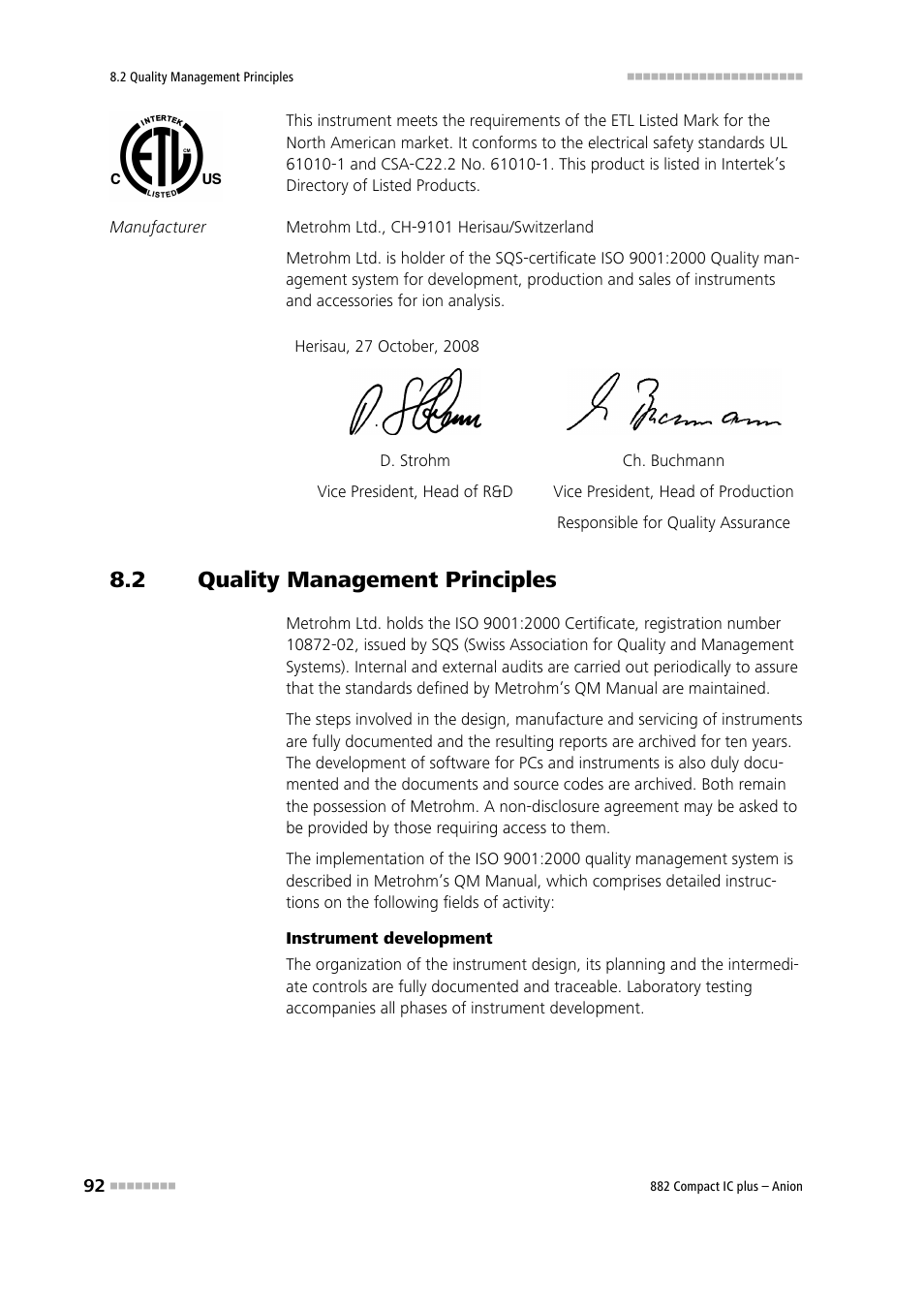 2 quality management principles, Quality management principles | Metrohm 882 Compact IC plus  – Anion User Manual | Page 102 / 118