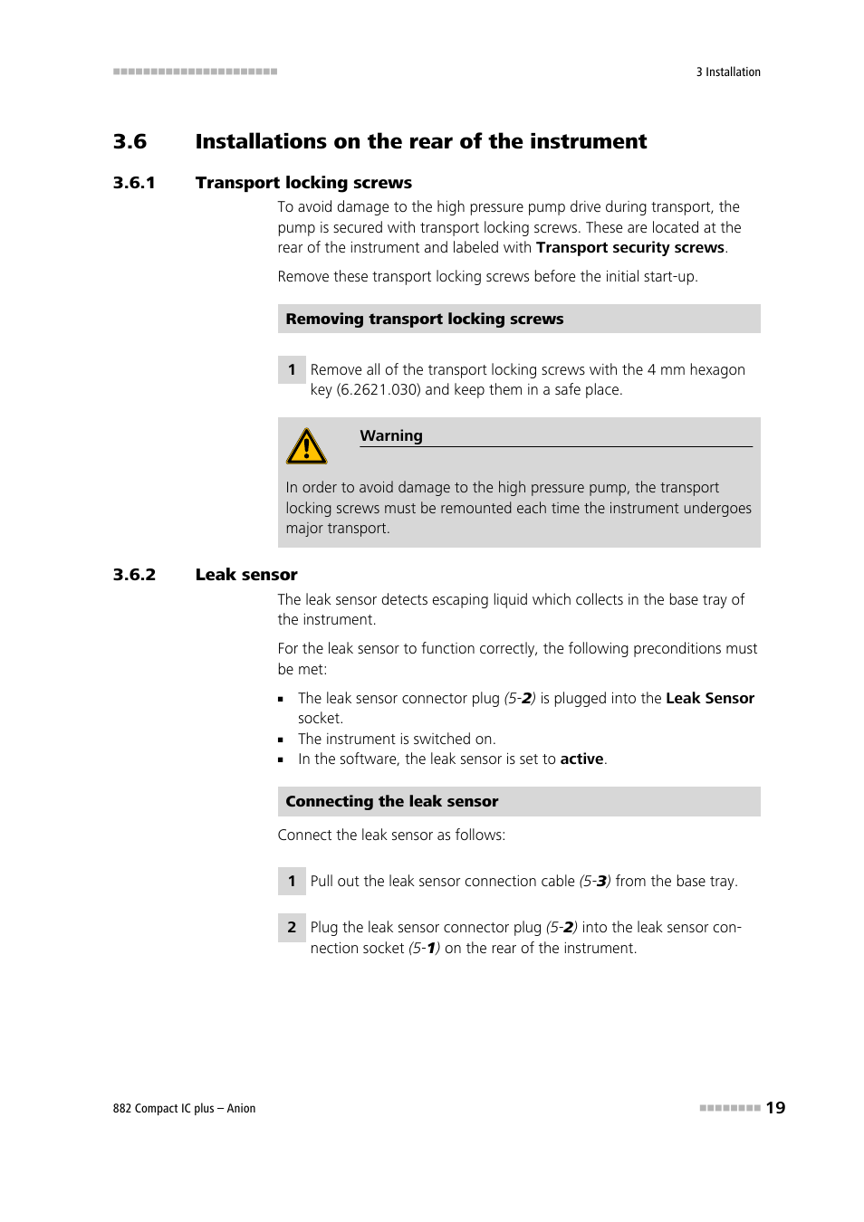 6 installations on the rear of the instrument, 1 transport locking screws, 2 leak sensor | Installations on the rear of the instrument, Transport locking screws, Leak sensor | Metrohm 882 Compact IC plus  – Anion User Manual | Page 29 / 118