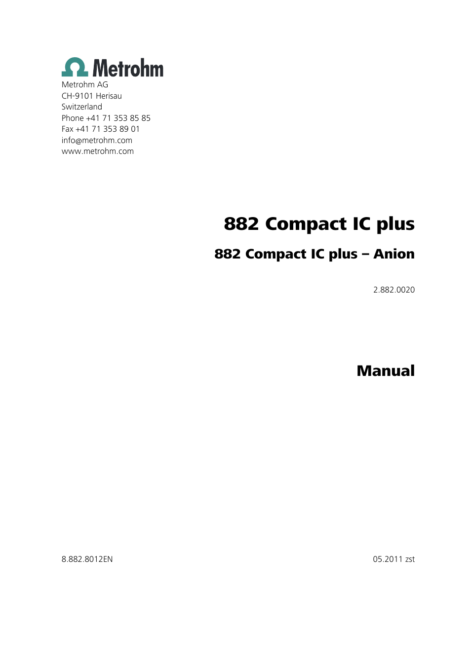 882 compact ic plus, Manual, 882 compact ic plus – anion | Metrohm 882 Compact IC plus  – Anion User Manual | Page 3 / 118