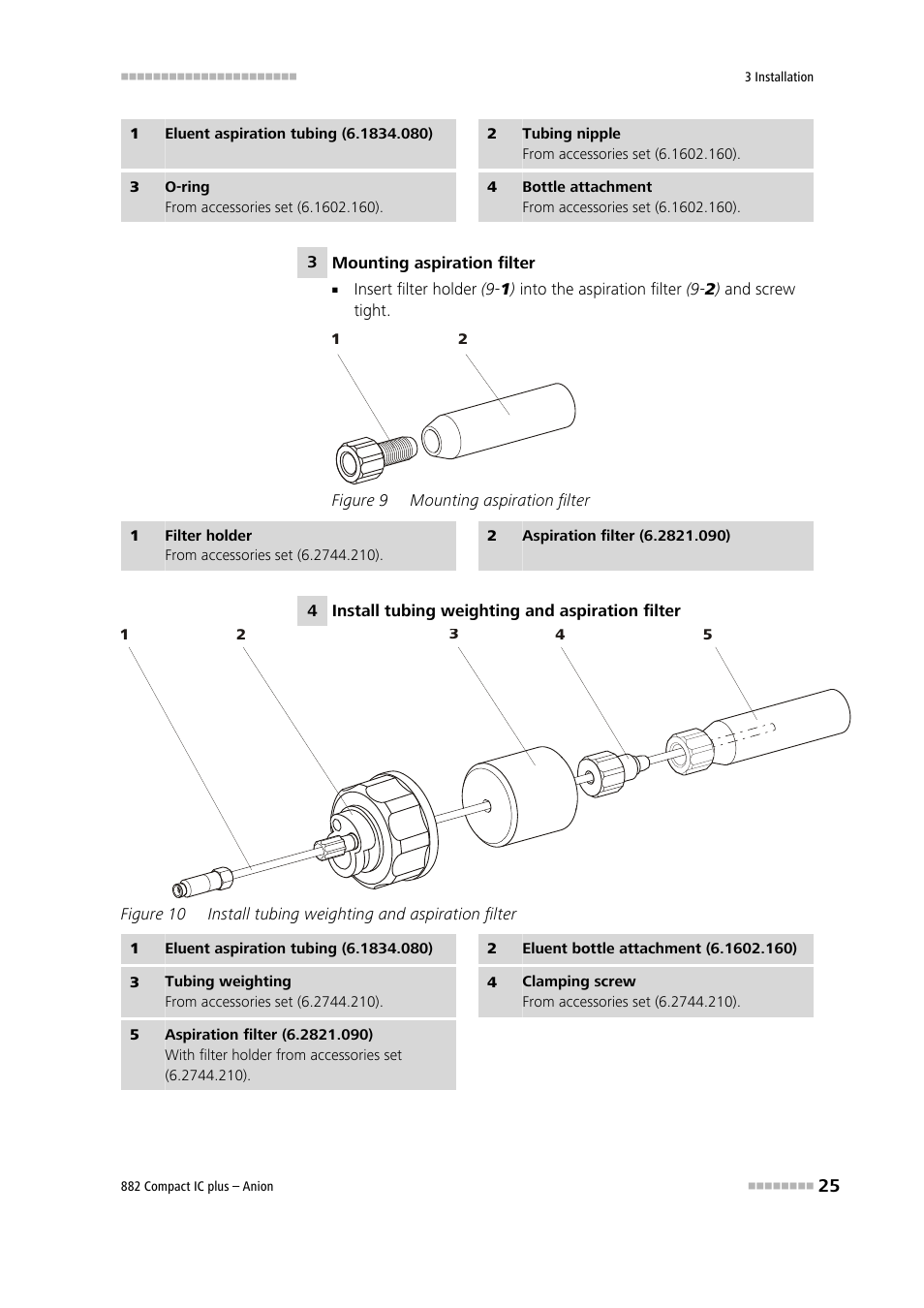 Figure 9, Mounting aspiration filter, Figure 10 | Install tubing weighting and aspiration filter, Tubing (8-1), 4) and screw tight | Metrohm 882 Compact IC plus  – Anion User Manual | Page 35 / 118