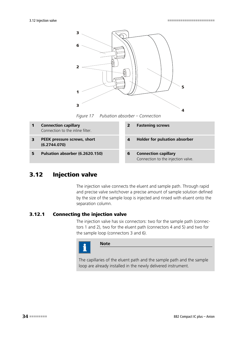 12 injection valve, 1 connecting the injection valve, Connecting the injection valve | Figure 17, Pulsation absorber – connection | Metrohm 882 Compact IC plus  – Anion User Manual | Page 44 / 118