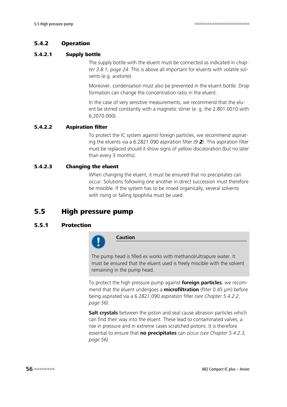 2 operation, 1 supply bottle, 2 aspiration filter | 3 changing the eluent, 5 high pressure pump, 1 protection, Operation, High pressure pump, Protection | Metrohm 882 Compact IC plus  – Anion User Manual | Page 66 / 118