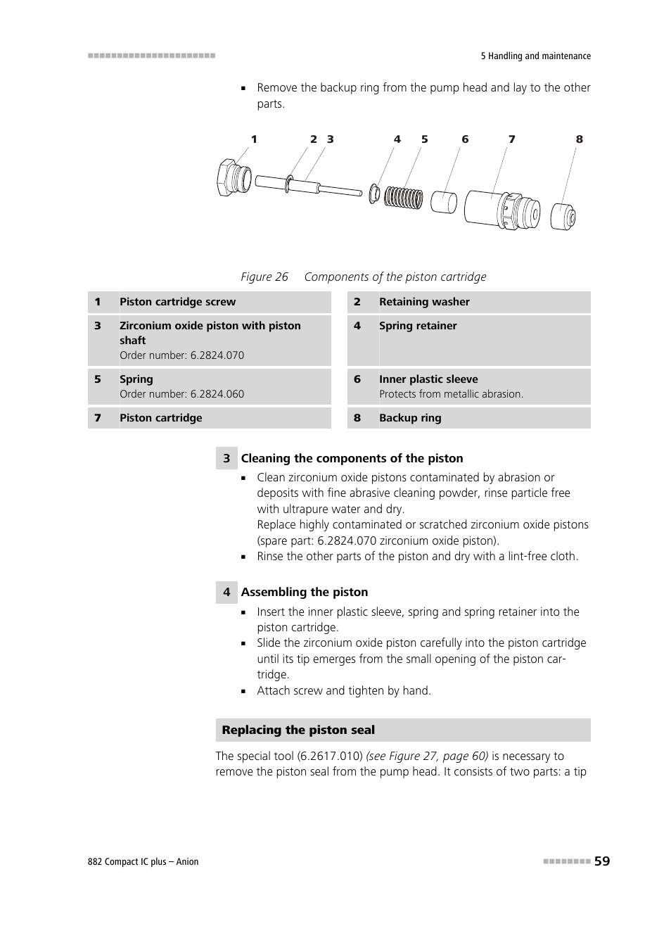 Figure 26, Components of the piston cartridge | Metrohm 882 Compact IC plus  – Anion User Manual | Page 69 / 118