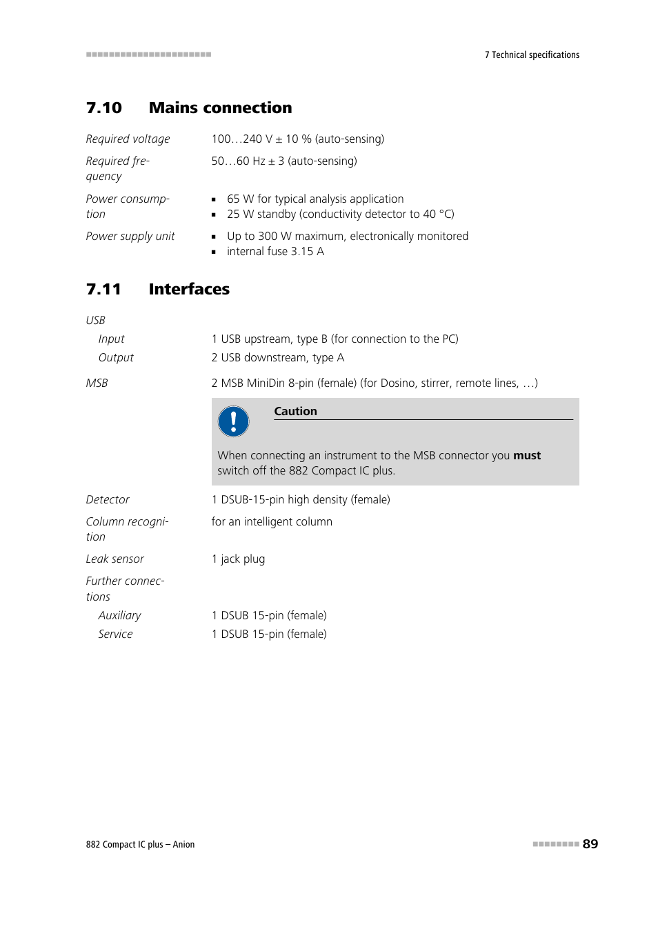 10 mains connection, 11 interfaces | Metrohm 882 Compact IC plus  – Anion User Manual | Page 99 / 118