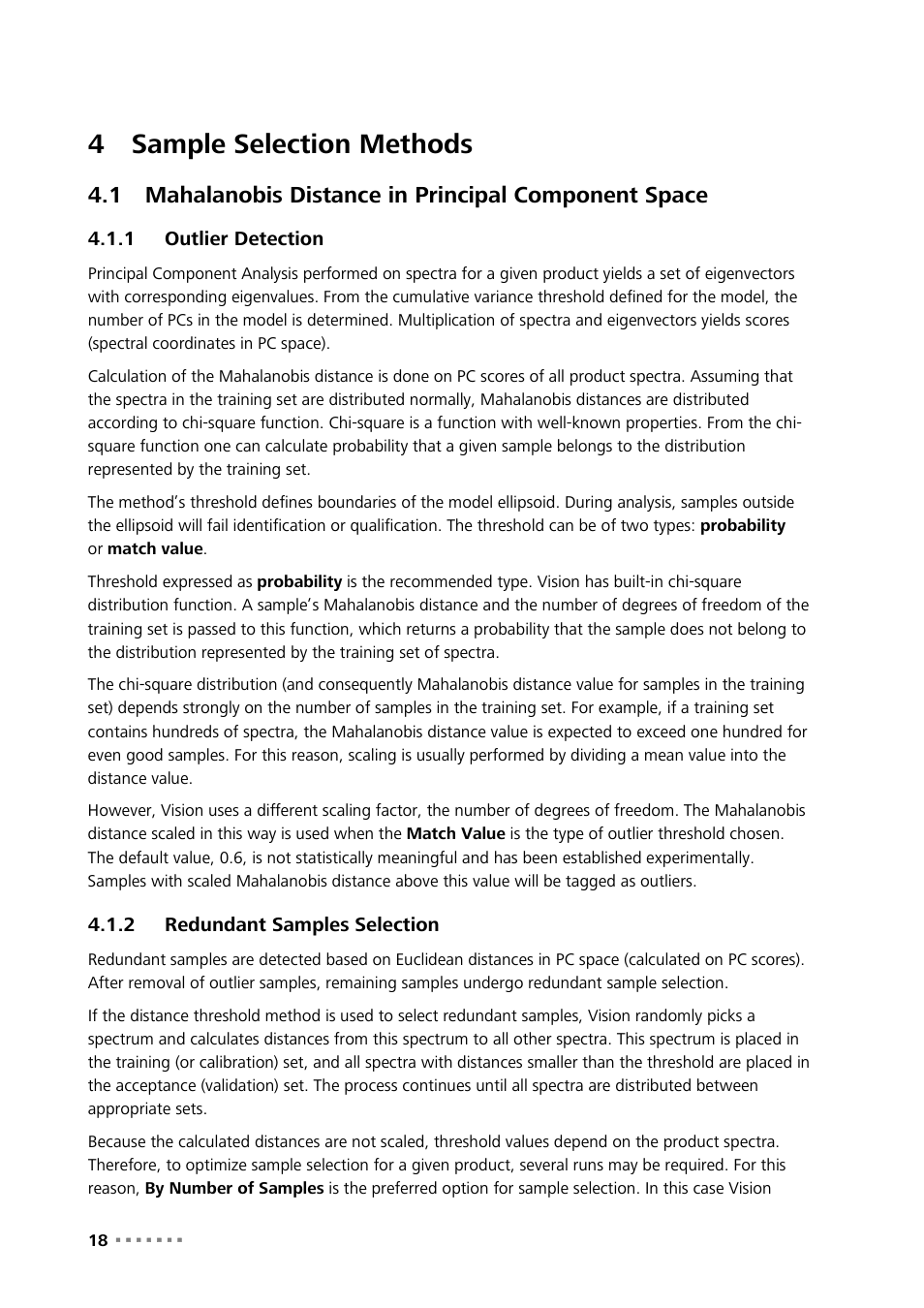 4 sample selection methods, 1 outlier detection, 2 redundant samples selection | Sample selection methods, Mahalanobis distance in principal component space, Outlier detection, Redundant samples selection, 4sample selection methods | Metrohm Vision – Theory User Manual | Page 20 / 27