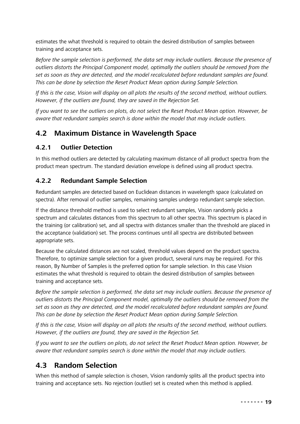 2 maximum distance in wavelength space, 1 outlier detection, 2 redundant sample selection | 3 random selection, Maximum distance in wavelength space, Outlier detection, Redundant sample selection, Random selection | Metrohm Vision – Theory User Manual | Page 21 / 27