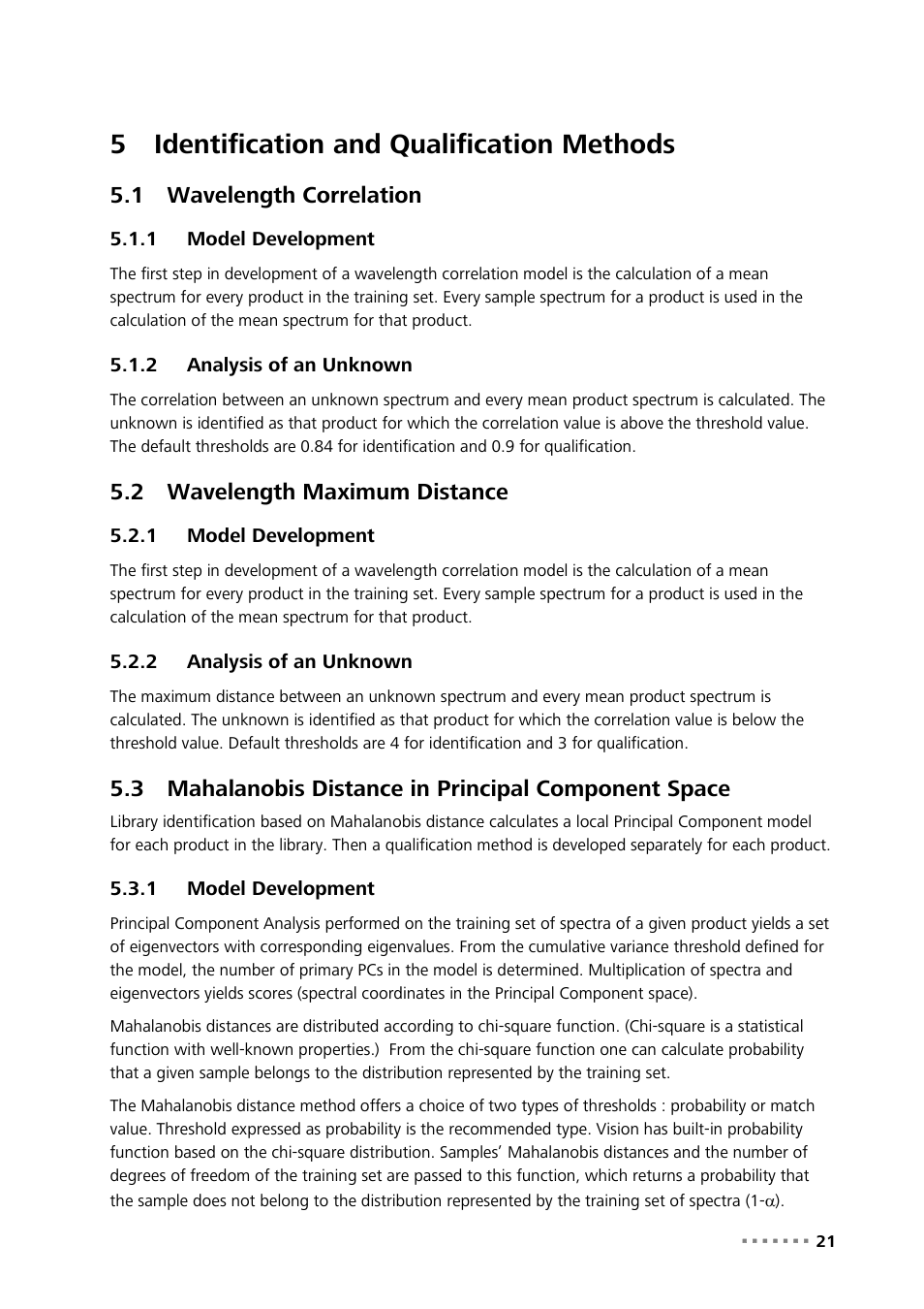 5 identification and qualification methods, 1 wavelength correlation, 1 model development | 2 analysis of an unknown, 2 wavelength maximum distance, Identification and qualification methods, Wavelength correlation, Model development, Analysis of an unknown, Wavelength maximum distance | Metrohm Vision – Theory User Manual | Page 23 / 27