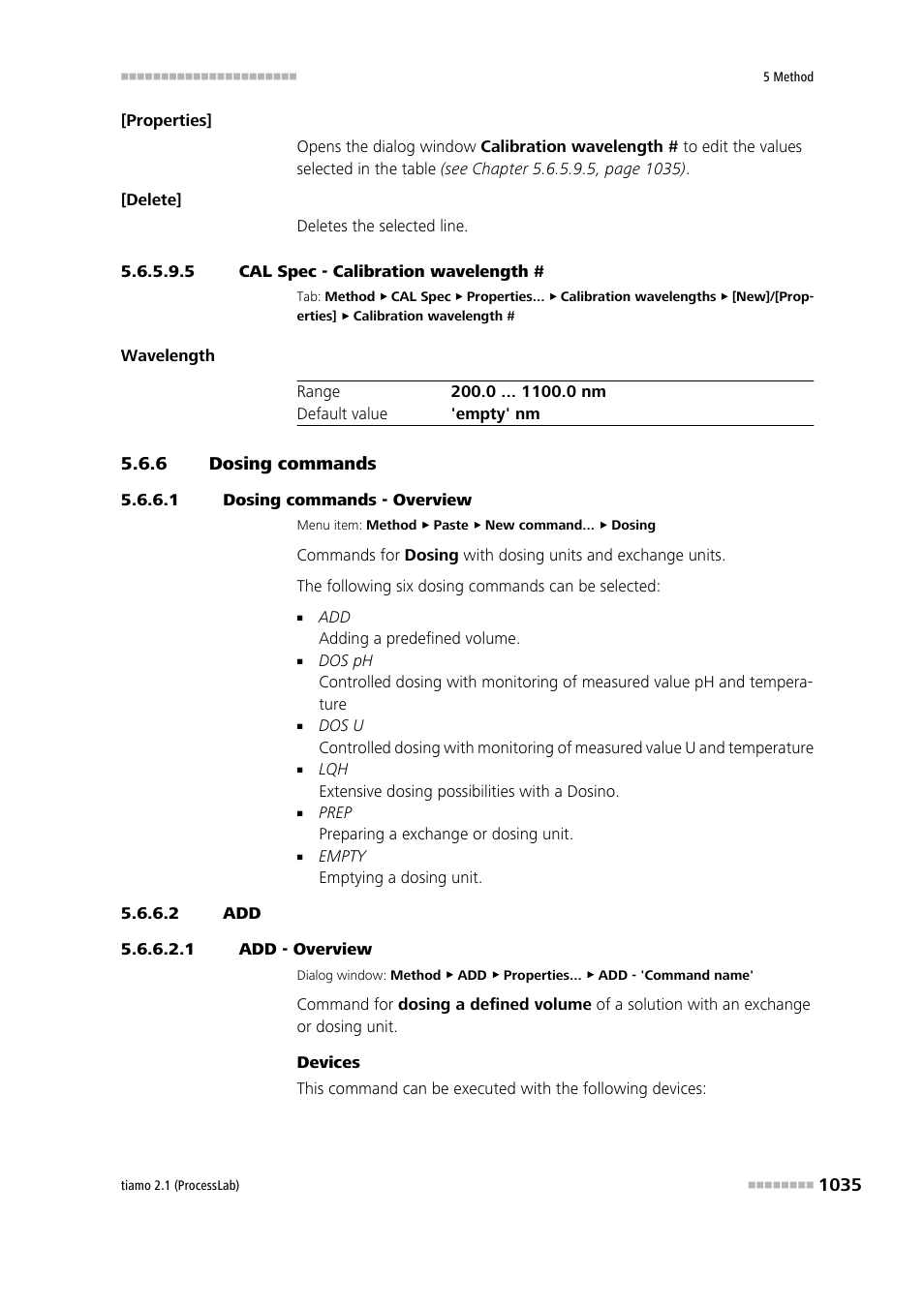 5 cal spec - calibration wavelength, 6 dosing commands, 1 dosing commands - overview | 2 add, 1 add - overview, Dosing commands 5 | Metrohm tiamo 2.1 (ProcessLab) User Manual | Page 1051 / 1602