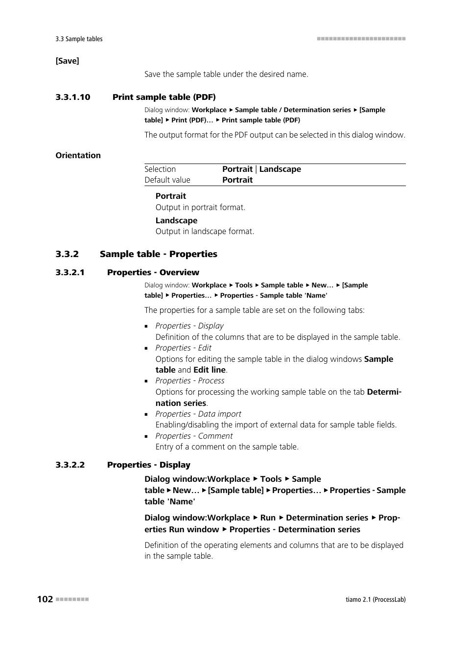 10 print sample table (pdf), 2 sample table - properties, 1 properties - overview | 2 properties - display, Sample table - properties, Print sample table, Define sample table properties | Metrohm tiamo 2.1 (ProcessLab) User Manual | Page 118 / 1602