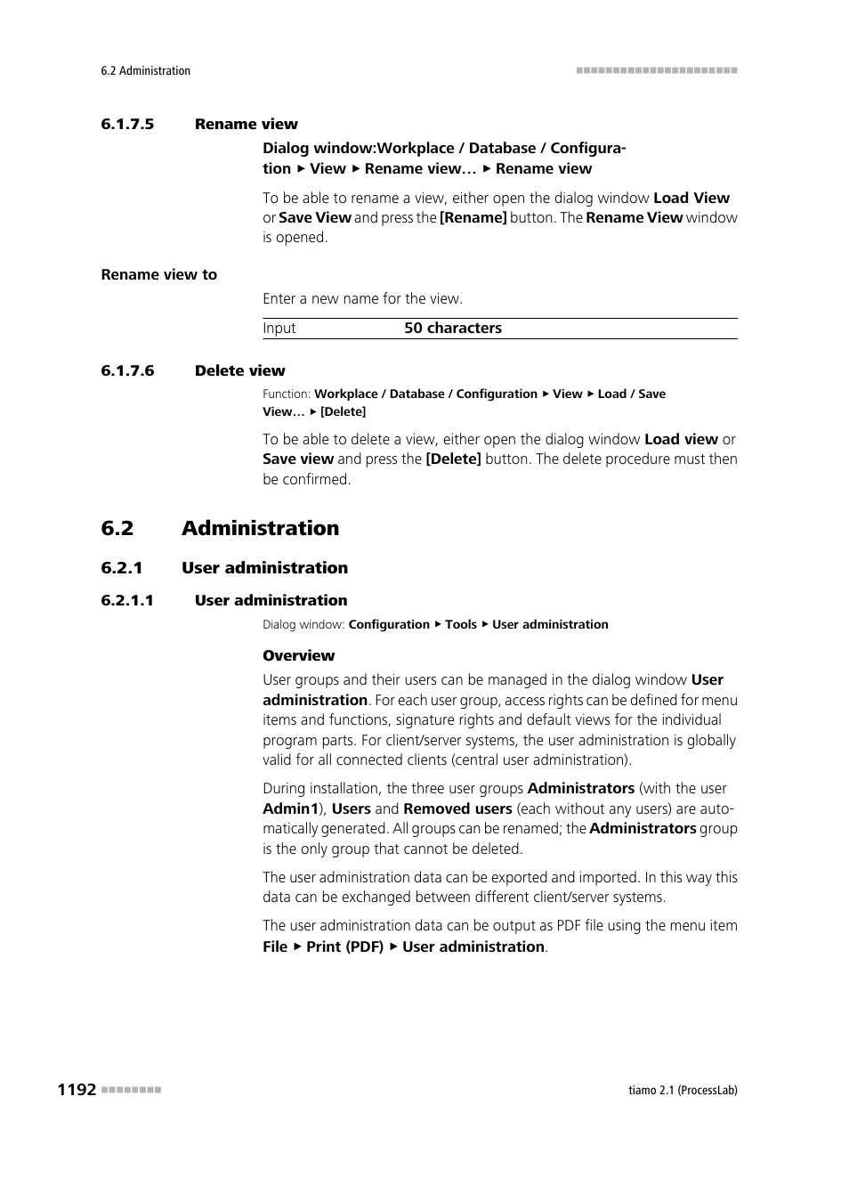 5 rename view, 6 delete view, 2 administration | 1 user administration, Administration 2, User administration 2, Manage user groups | Metrohm tiamo 2.1 (ProcessLab) User Manual | Page 1208 / 1602