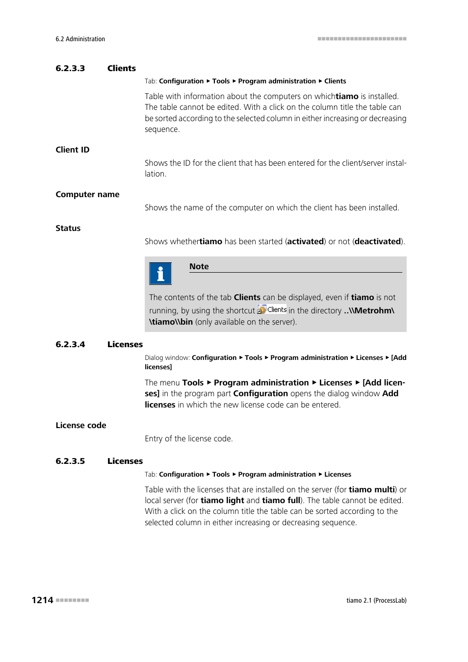 3 clients, 4 licenses, 5 licenses | Clients, Licenses | Metrohm tiamo 2.1 (ProcessLab) User Manual | Page 1230 / 1602