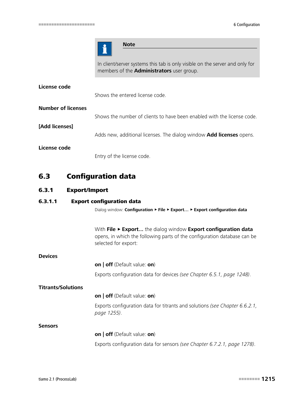 3 configuration data, 1 export/import, 1 export configuration data | Configuration data 5, Export/import 5, Export configuration data | Metrohm tiamo 2.1 (ProcessLab) User Manual | Page 1231 / 1602