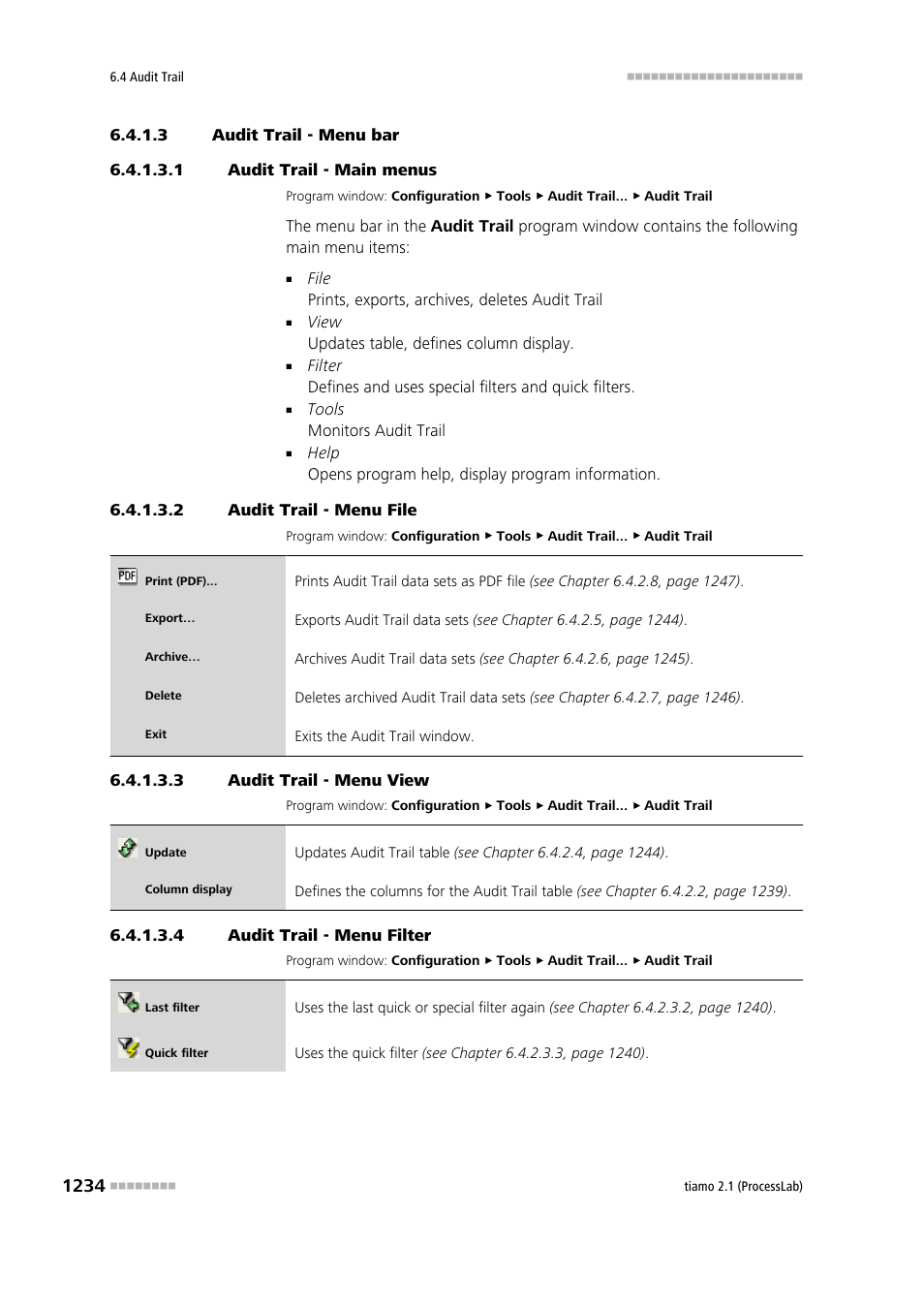 3 audit trail - menu bar, 1 audit trail - main menus, 2 audit trail - menu file | 3 audit trail - menu view, 4 audit trail - menu filter, Menu bar | Metrohm tiamo 2.1 (ProcessLab) User Manual | Page 1250 / 1602