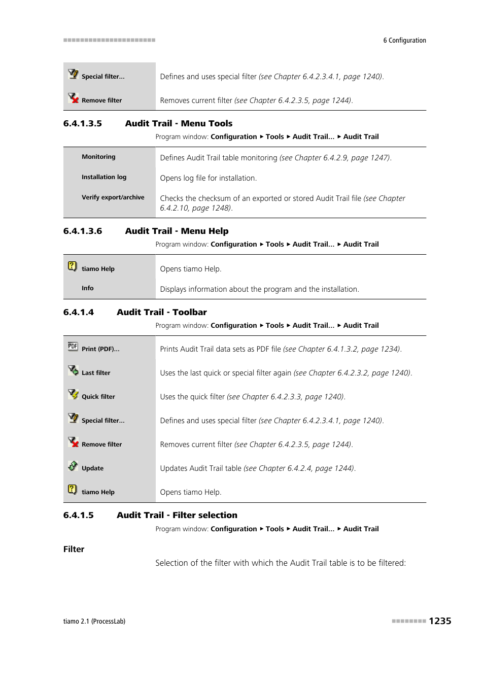 5 audit trail - menu tools, 6 audit trail - menu help, 4 audit trail - toolbar | 5 audit trail - filter selection, Toolbar, Filter selection, Tools, Help | Metrohm tiamo 2.1 (ProcessLab) User Manual | Page 1251 / 1602