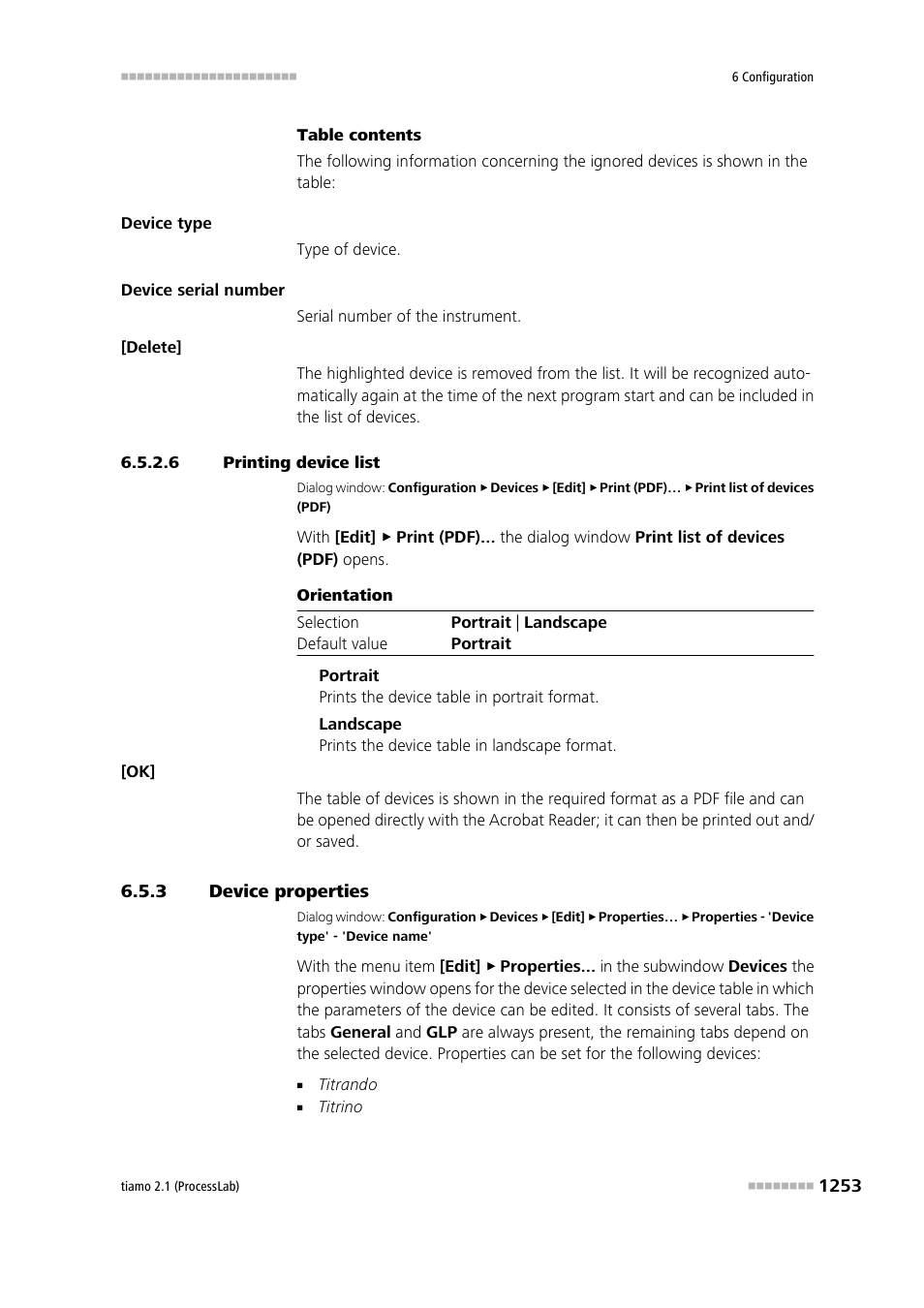 6 printing device list, 3 device properties, Device properties 3 | Metrohm tiamo 2.1 (ProcessLab) User Manual | Page 1269 / 1602