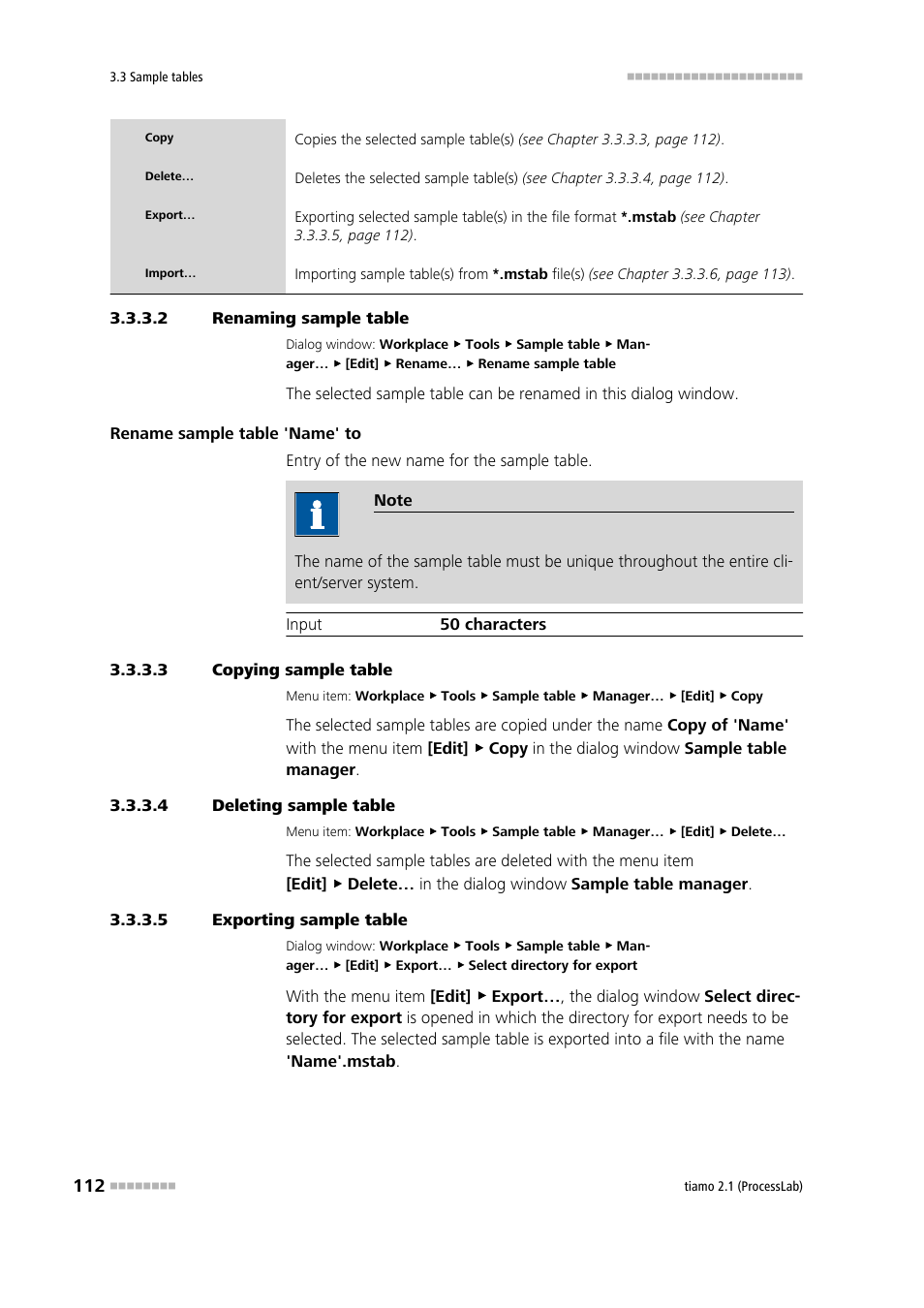 2 renaming sample table, 3 copying sample table, 4 deleting sample table | 5 exporting sample table | Metrohm tiamo 2.1 (ProcessLab) User Manual | Page 128 / 1602