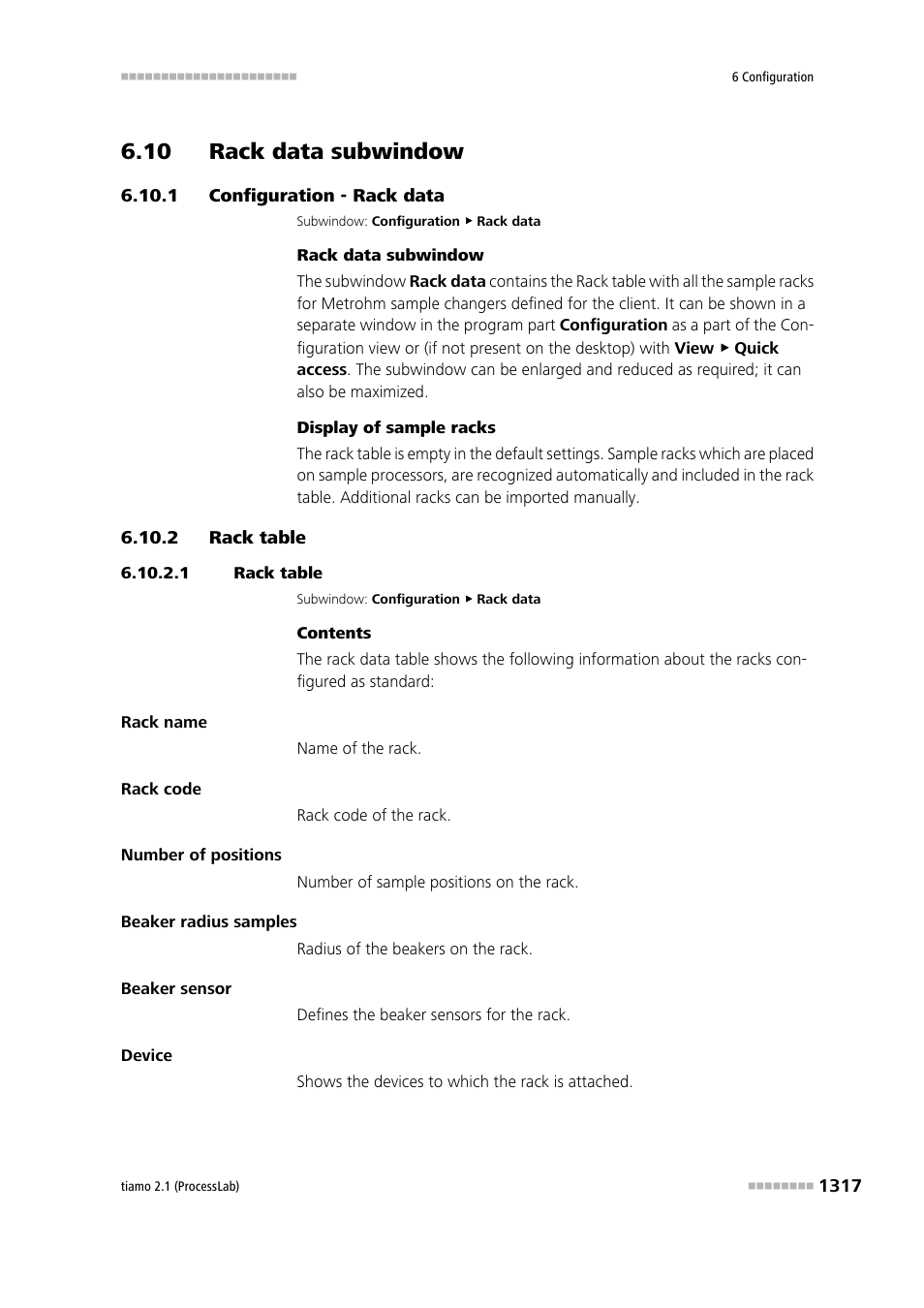 10 rack data subwindow, 1 configuration - rack data, 2 rack table | 1 rack table, 10 rack data subwindow 7 6.10.1, Configuration - rack data 7, Rack table 7, Rack data | Metrohm tiamo 2.1 (ProcessLab) User Manual | Page 1333 / 1602