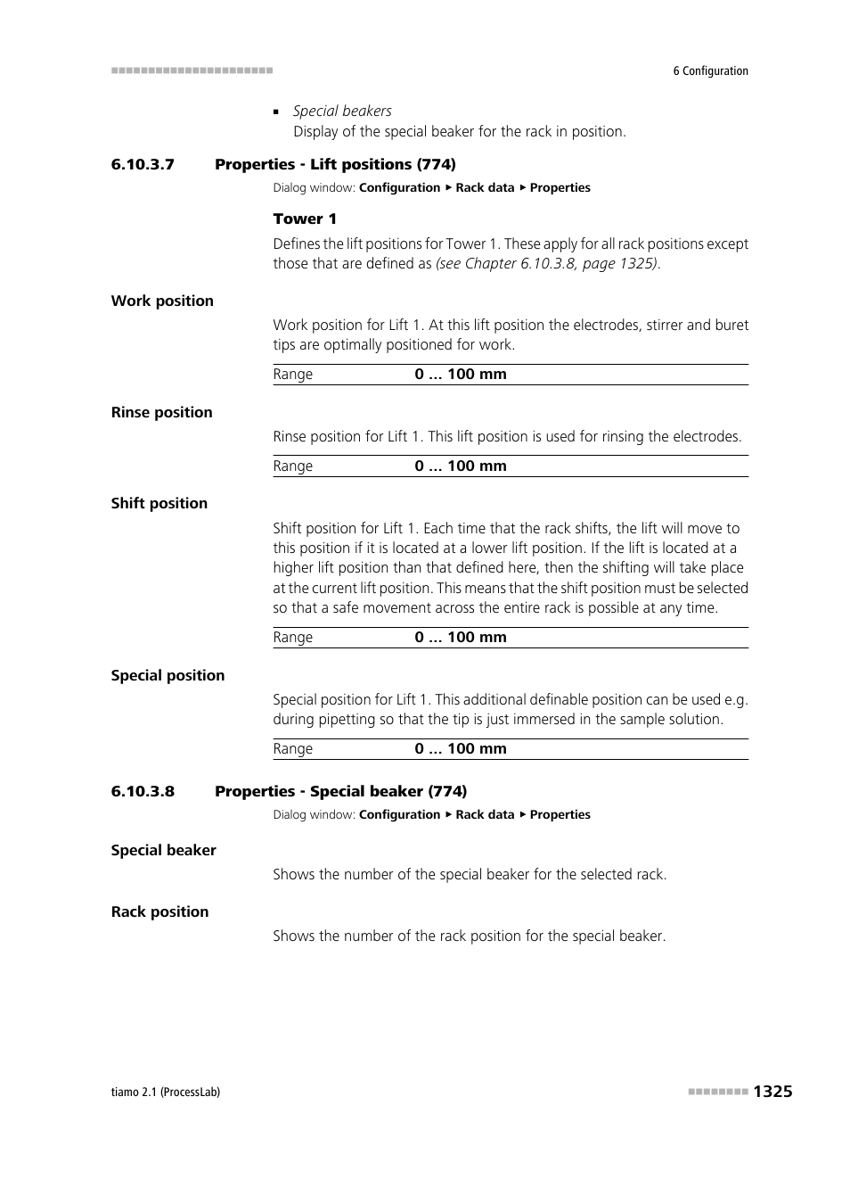 7 properties - lift positions (774), 8 properties - special beaker (774) | Metrohm tiamo 2.1 (ProcessLab) User Manual | Page 1341 / 1602