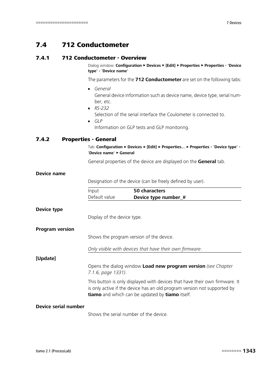 4 712 conductometer, 1 712 conductometer - overview, 2 properties - general | 712 conductometer 3, 712 conductometer - overview 3, 712 conductometer | Metrohm tiamo 2.1 (ProcessLab) User Manual | Page 1359 / 1602