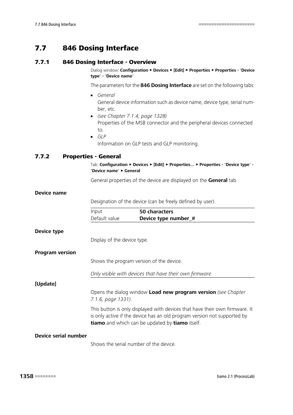 7 846 dosing interface, 1 846 dosing interface - overview, 2 properties - general | 846 dosing interface 8, 846 dosing interface - overview 8, 846 dosing interface | Metrohm tiamo 2.1 (ProcessLab) User Manual | Page 1374 / 1602