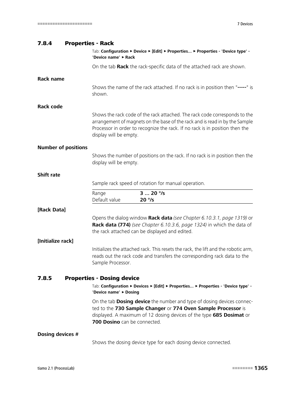 4 properties - rack, 5 properties - dosing device, Properties - rack 5 | Properties - dosing device 5, Properties - rack 0, Properties - dosing device 1, Properties - rack 9, Properties - rack 7, Properties - rack 4, Rack | Metrohm tiamo 2.1 (ProcessLab) User Manual | Page 1381 / 1602