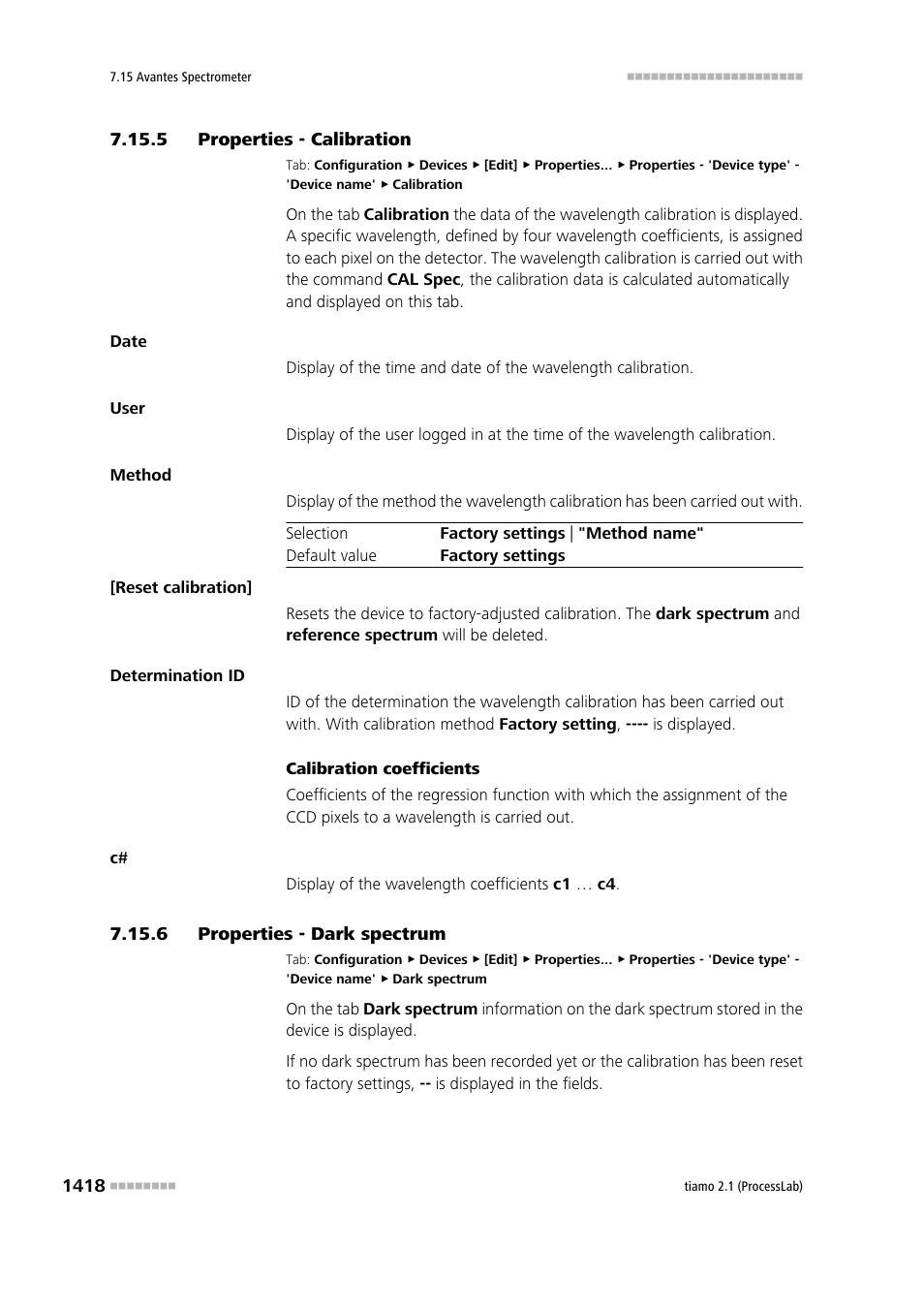 5 properties - calibration, 6 properties - dark spectrum, Properties - calibration 8 | Properties - dark spectrum 8, Kalibrierung, Dark spectrum | Metrohm tiamo 2.1 (ProcessLab) User Manual | Page 1434 / 1602